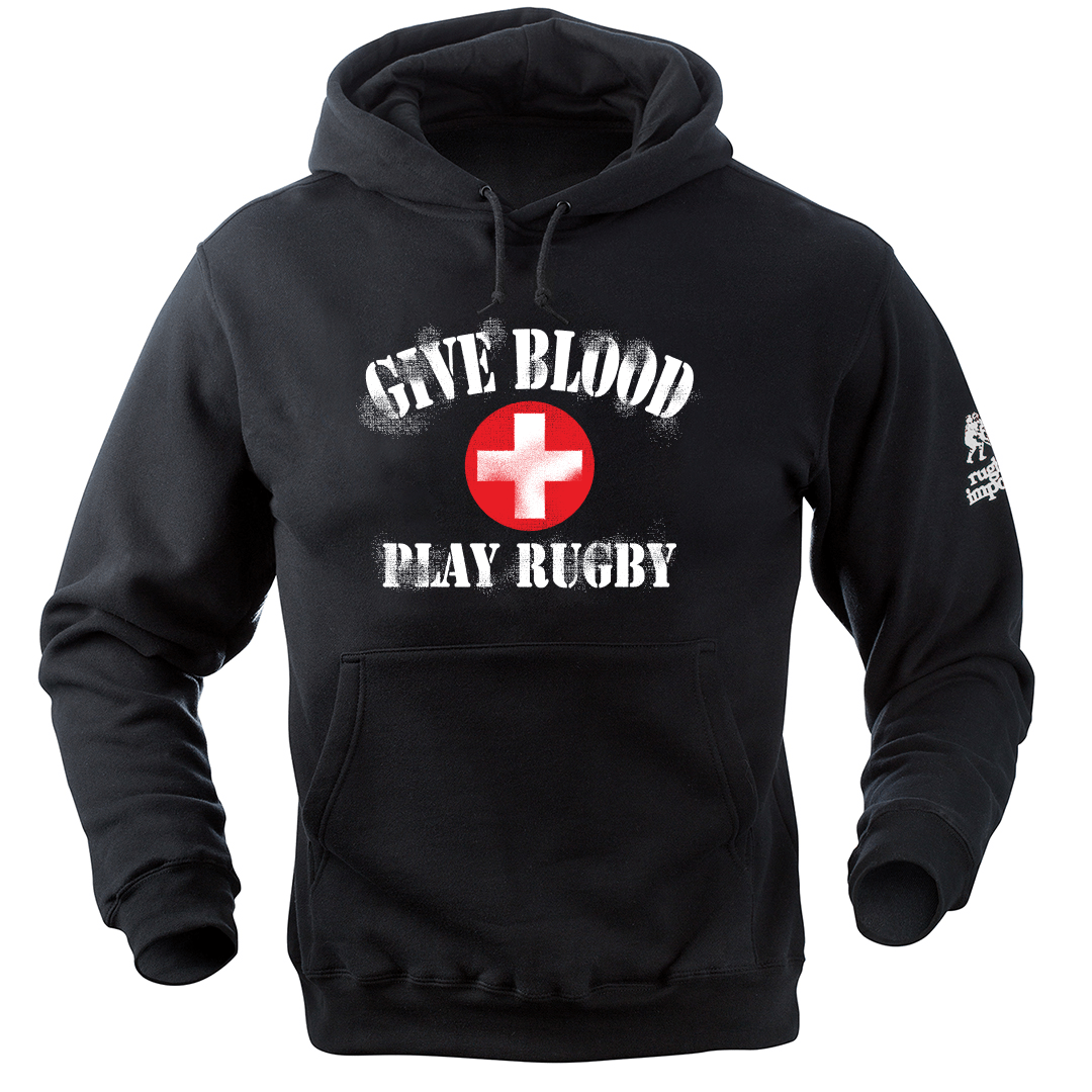 Give Blood Play Rugby Distressed Print Hoodie - Vintage Rugby Fan Sweatshirt for Men & Women - Perfect for Game Day, Casual Wear & Sports Events