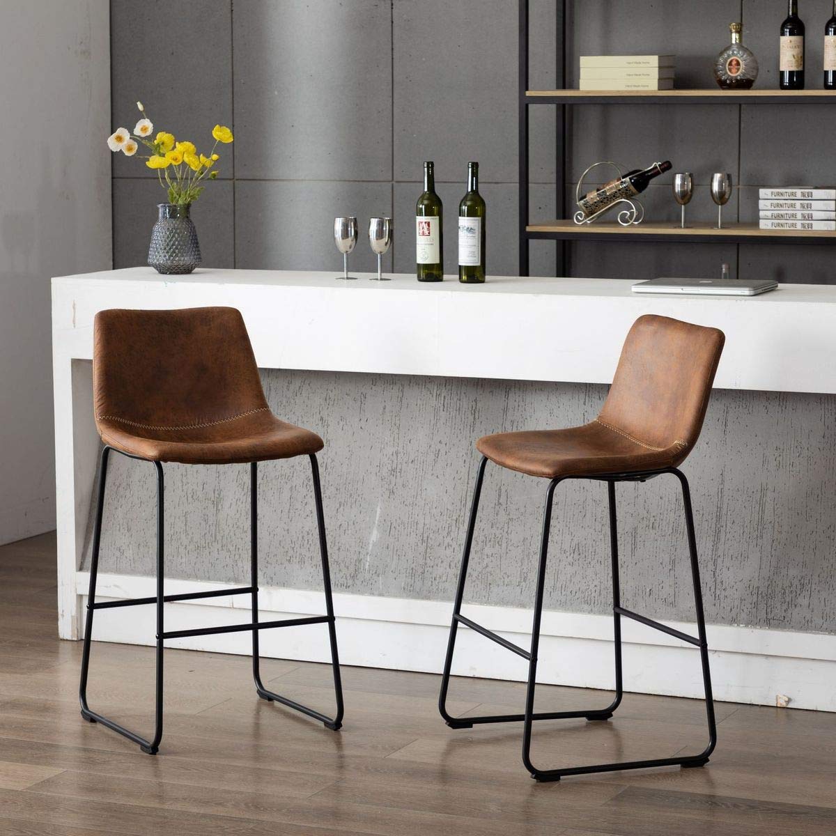 Vanity Art Set of 2 Synthetic Leather Barstools - Armless Upholstered Dining Chairs with Sturdy Metal Legs, Brown (UC-13HBRN) - Perfect for Kitchen Islands, Breakfast Bars & Small Space Dining