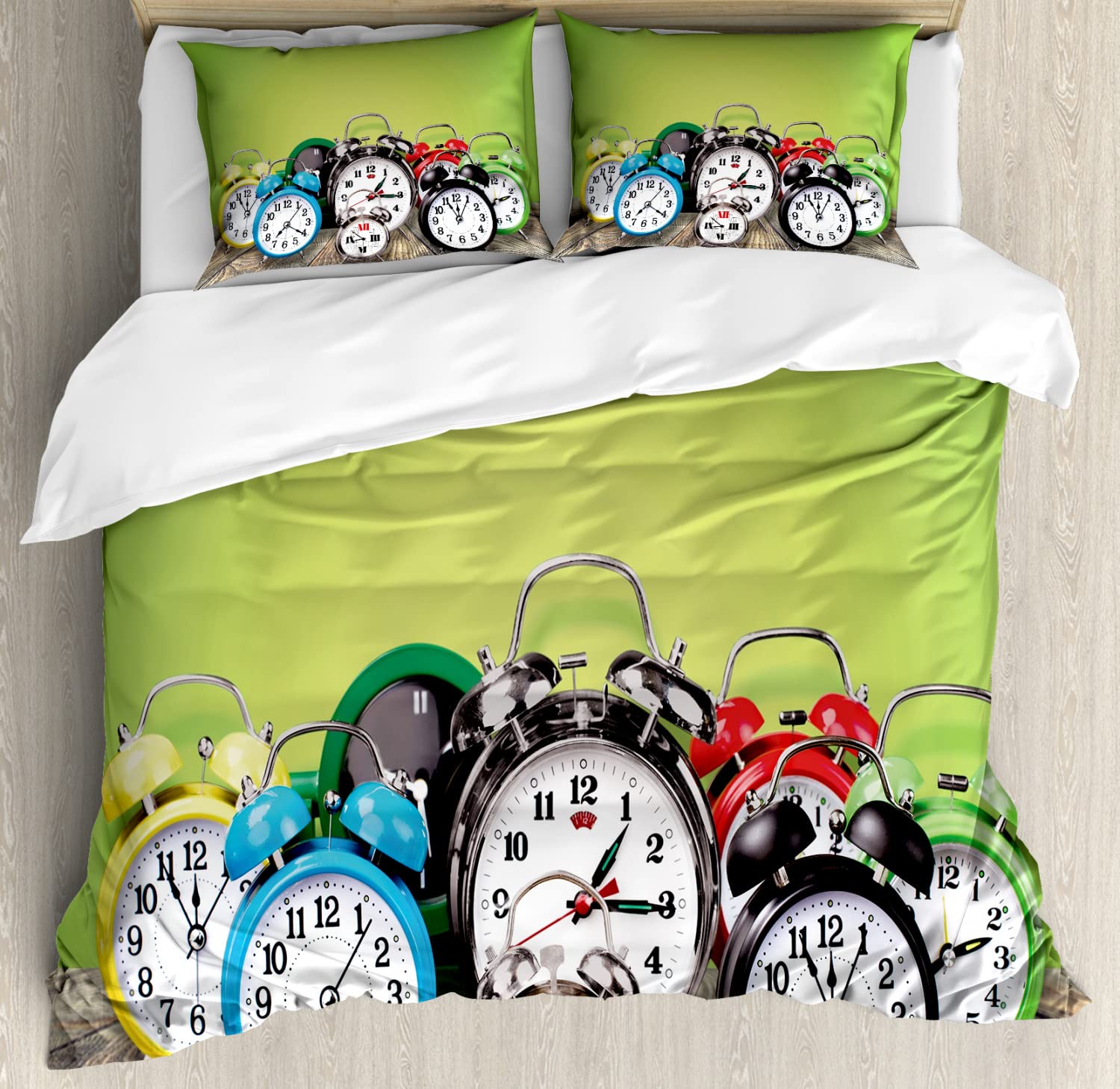 Ambesonne Vintage Alarm Clock Duvet Cover Set - 2 Pack Queen Size, Lime Green Digital Print Bedding with 2 Duvet Covers & 4 Pillowcases - Retro Wooden Ground Design for Cozy Bedroom Decor