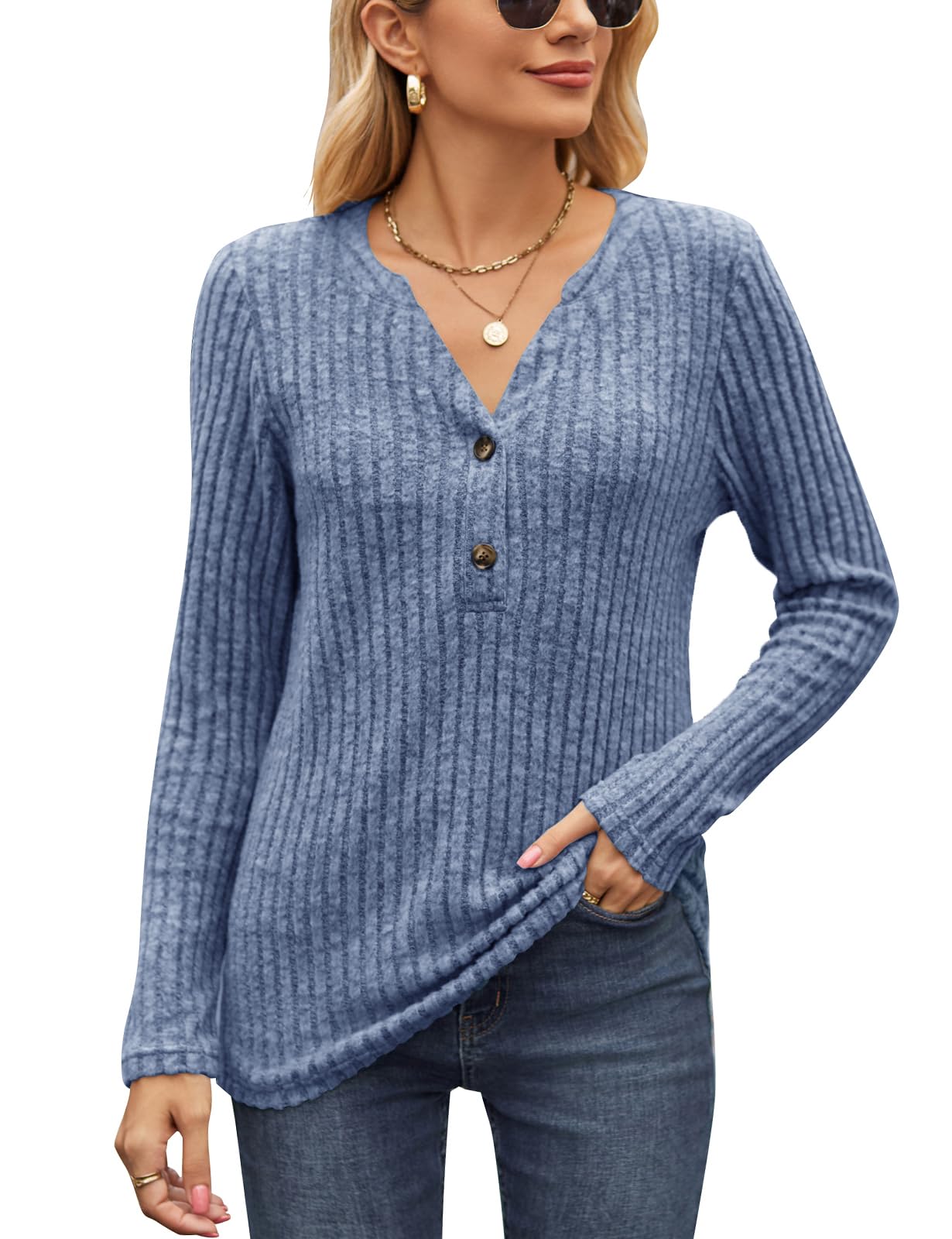 Women's V Neck Knit Tunic Top with Buttons - Casual Long Sleeve Lightweight Jumper for Everyday Wear