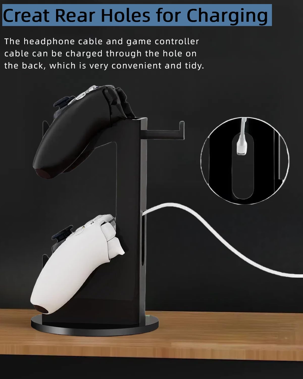 2 Tier Acrylic Controller Holder & Headphone Stand for PS5, PS4, Xbox ONE, Nintendo Switch - Universal Gaming Accessories Organizer with 3 Cable Clips (All Black) - Perfect for Gaming Setup & Desk Organization