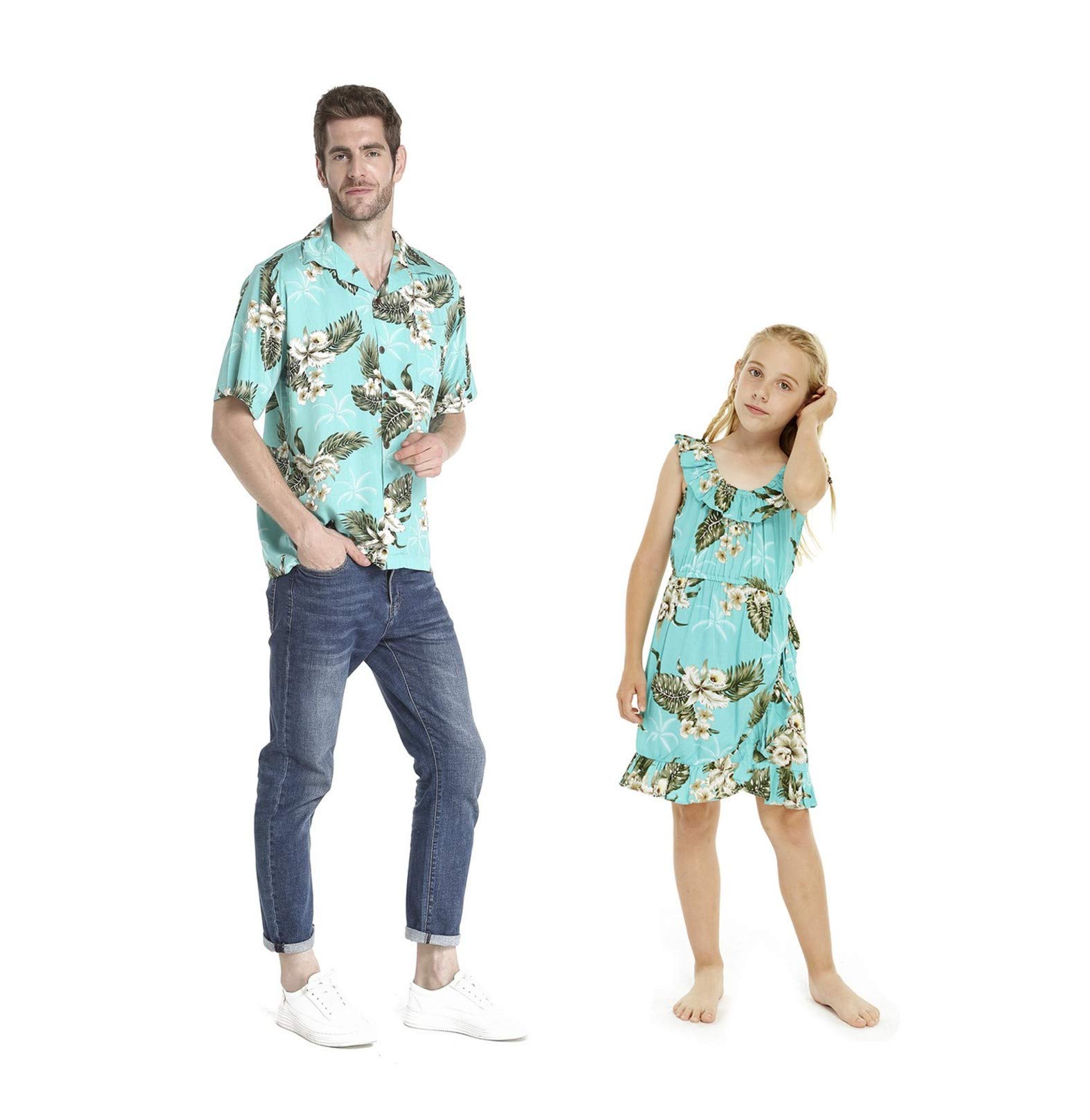 Hawaiian Luau Matching Outfit for Men and Women - Palm Green Aloha Shirt & Wrap Dress - Perfect for Beach Parties, Summer Vacations, and Tropical Themed Events