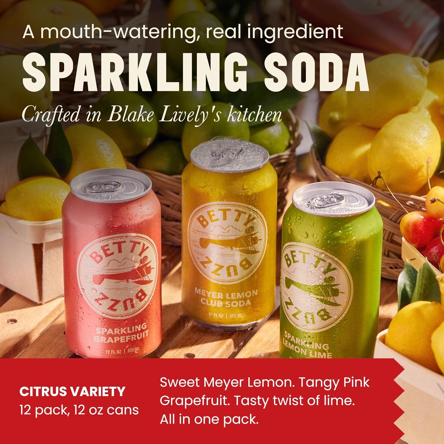 Betty Buzz Premium Sparkling Soda Citrus Variety Pack (12 Cans) - Grapefruit, Lemon Lime & Meyer Lemon Club Soda | Natural Juice, Clean Ingredients | Perfect for Parties, Picnics & Refreshment