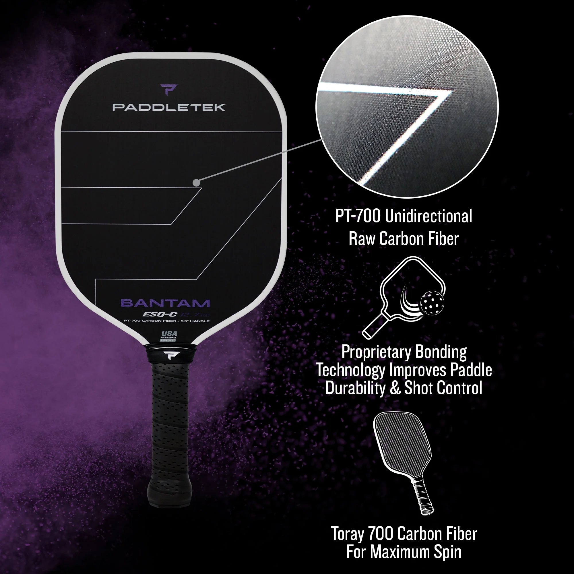 Paddletek Bantam ESQ C 12.7mm Pickleball Paddle - Lightweight Carbon Fiber Pickleball Racket for Tournament Play & Outdoor Games