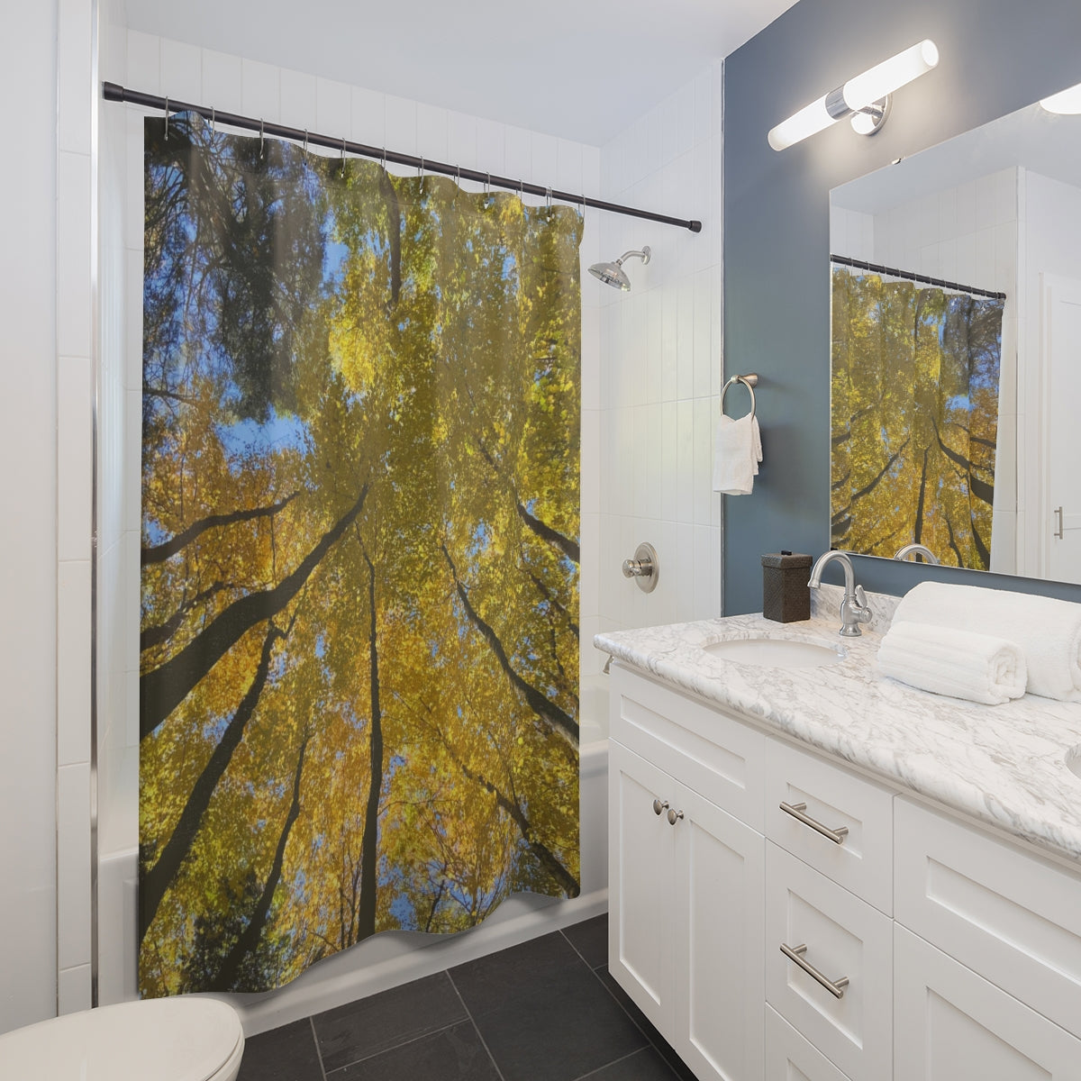 Golden Trees Fall Forest Scene Waterproof Shower Curtain - Autumn Leaves Bathroom Decor for Cozy Home Spa Experience