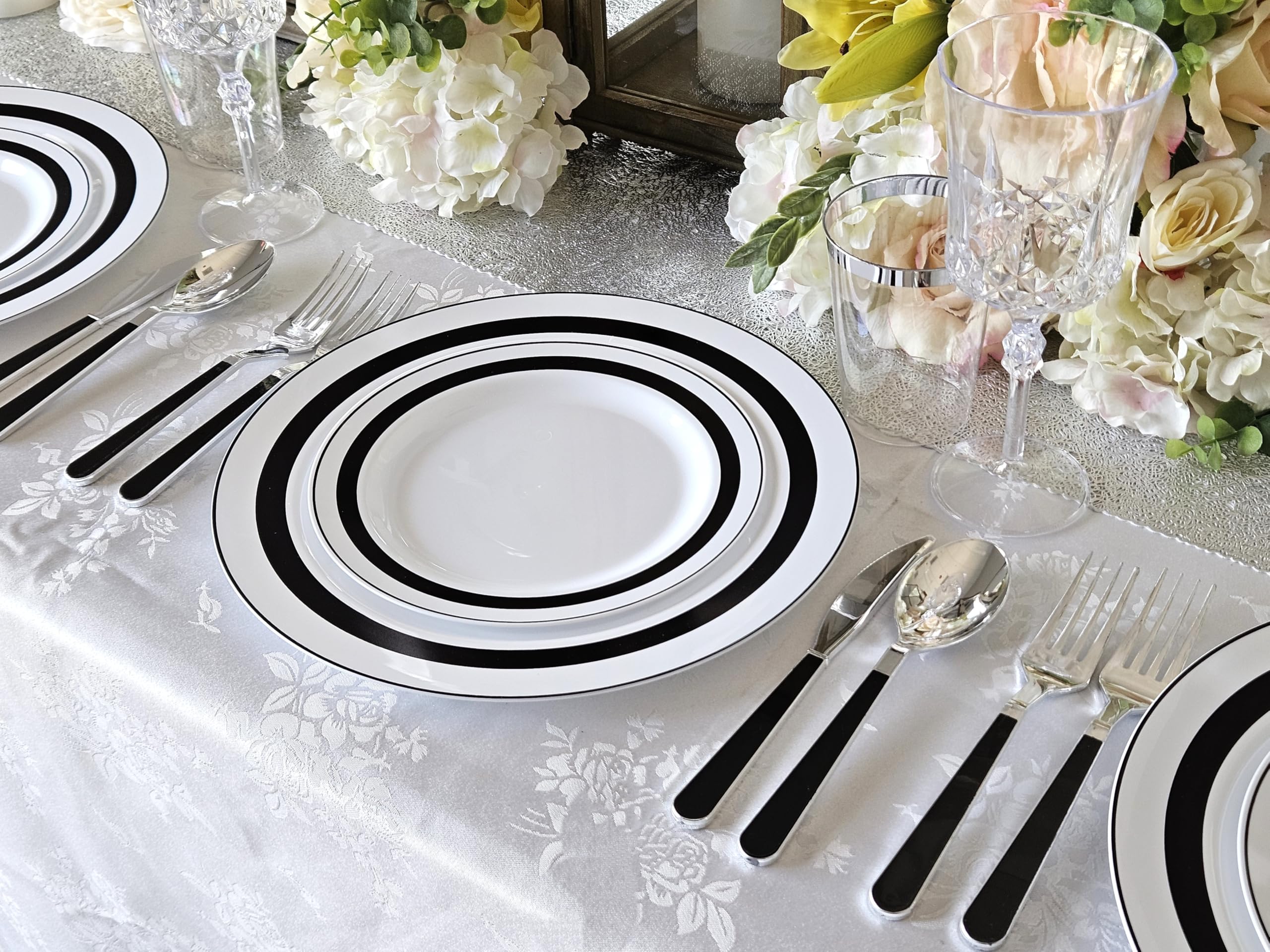 240 Heavyweight Disposable Plastic Plates for Weddings & Parties - 10.5'' Dinner Plates in Elegant Soleil White & Black - Perfect for Catering, Birthday Celebrations, and Special Events