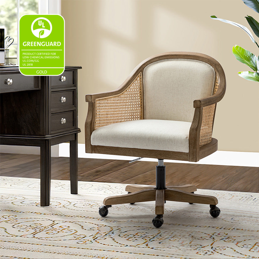 Audrey Task Accent Chair with Rattan Arms - Modern Home Office Chair for Small Spaces, Comfortable Writing Desk Chair with Woven Rattan Backrest - Perfect for Study Rooms, Living Rooms & Cozy Corners