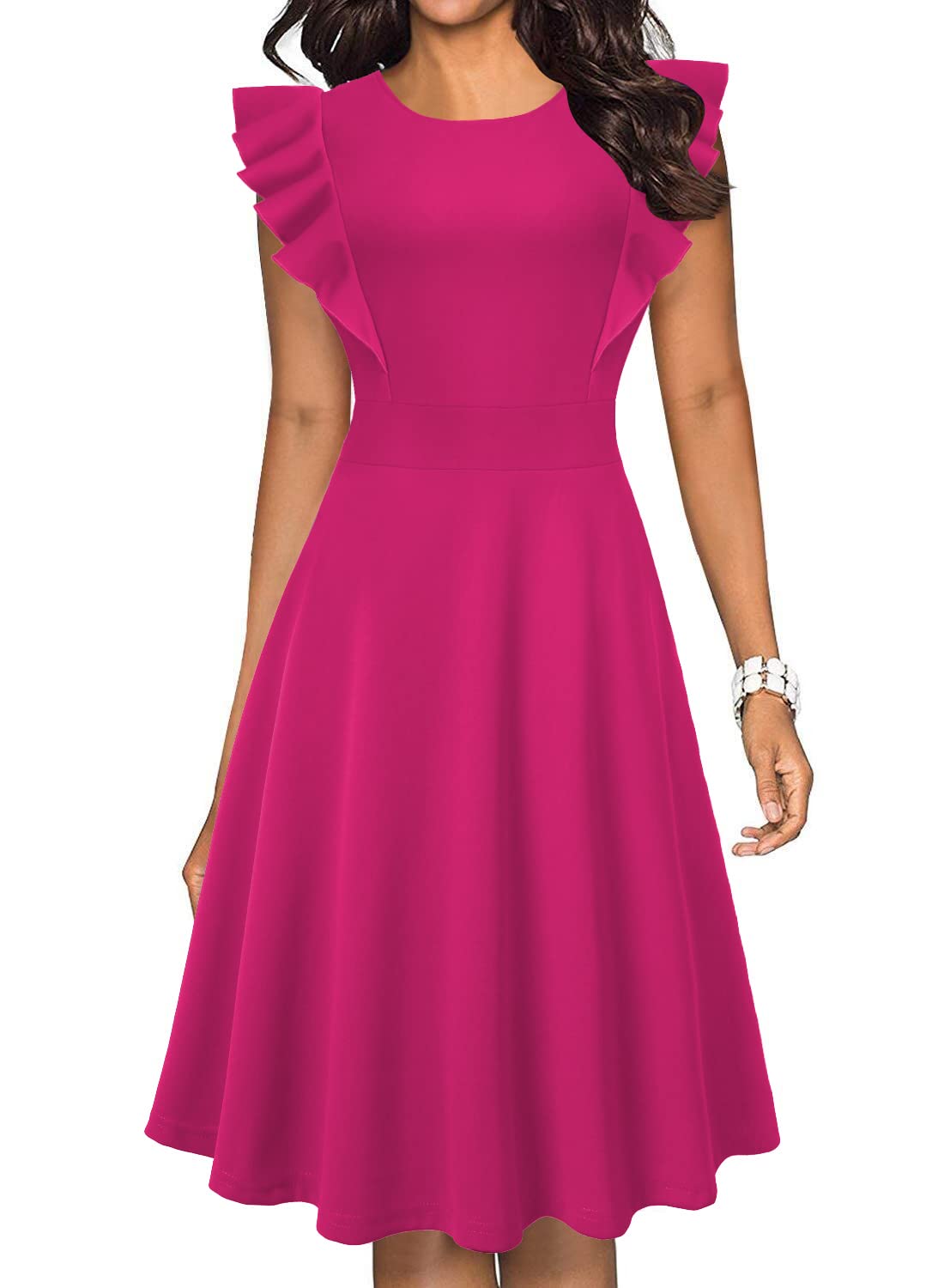 Vintage Floral Ruffle A-Line Swing Dress for Women - Elegant Cocktail Party Dress with Pockets | Perfect for Weddings, Date Nights & Special Occasions