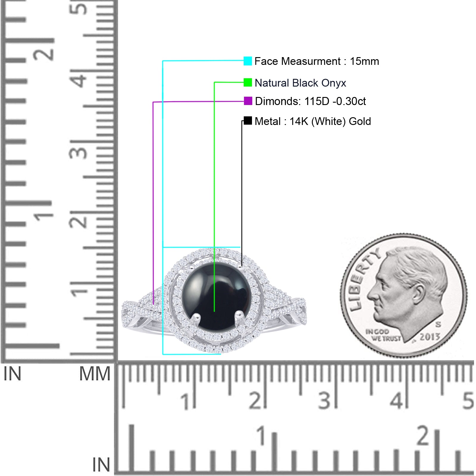 14K White Gold Round Halo Natural Black Onyx Twisted Split Shank Diamond Ring for Women - Elegant Wedding, Engagement & Anniversary Jewelry Gift