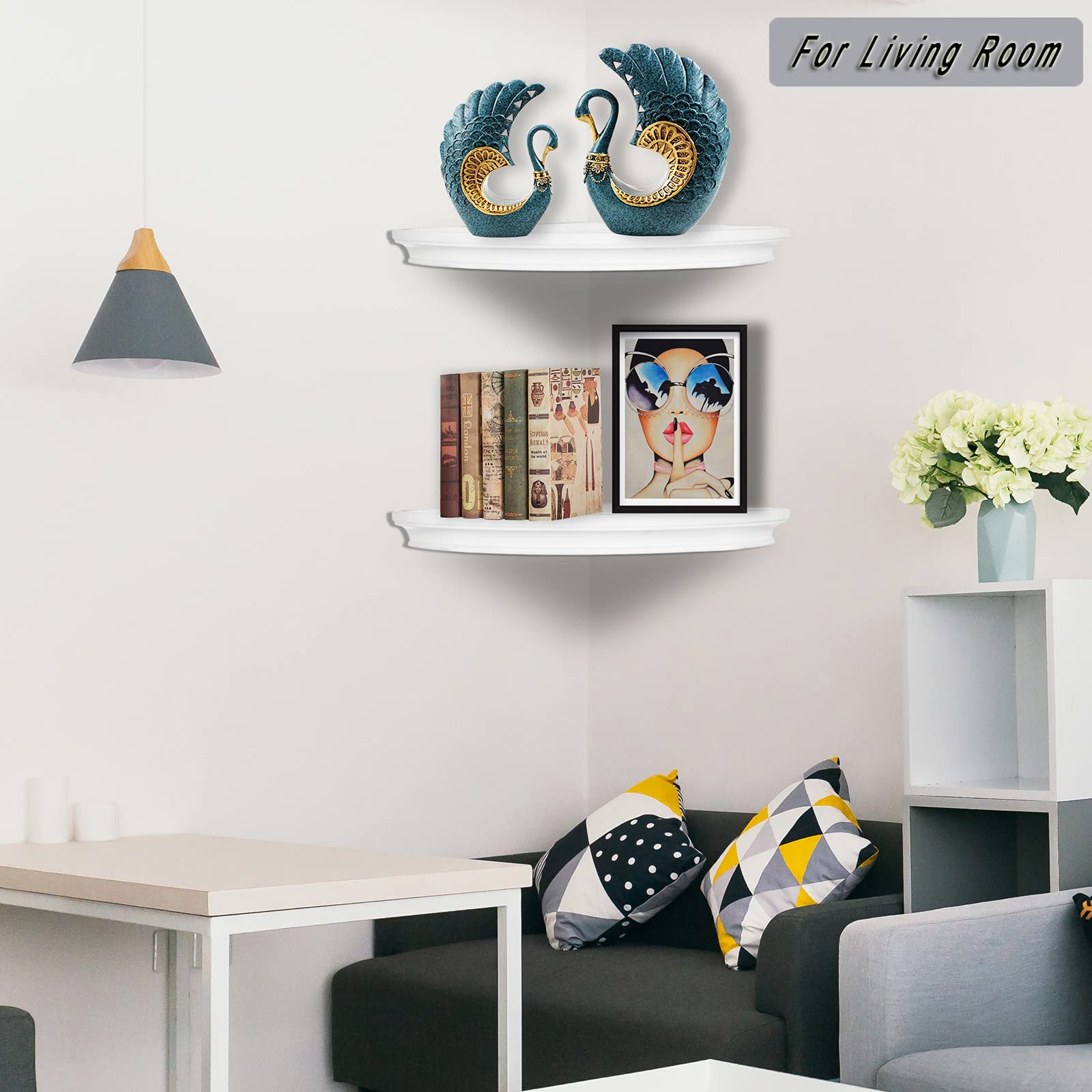 HAO Floating Corner Shelf - Invisible Wall Mounted Shelves with Radial Cable Hole Design - Set of 2 White - Perfect for Bedroom, Bathroom, Living Room & Kitchen Organization