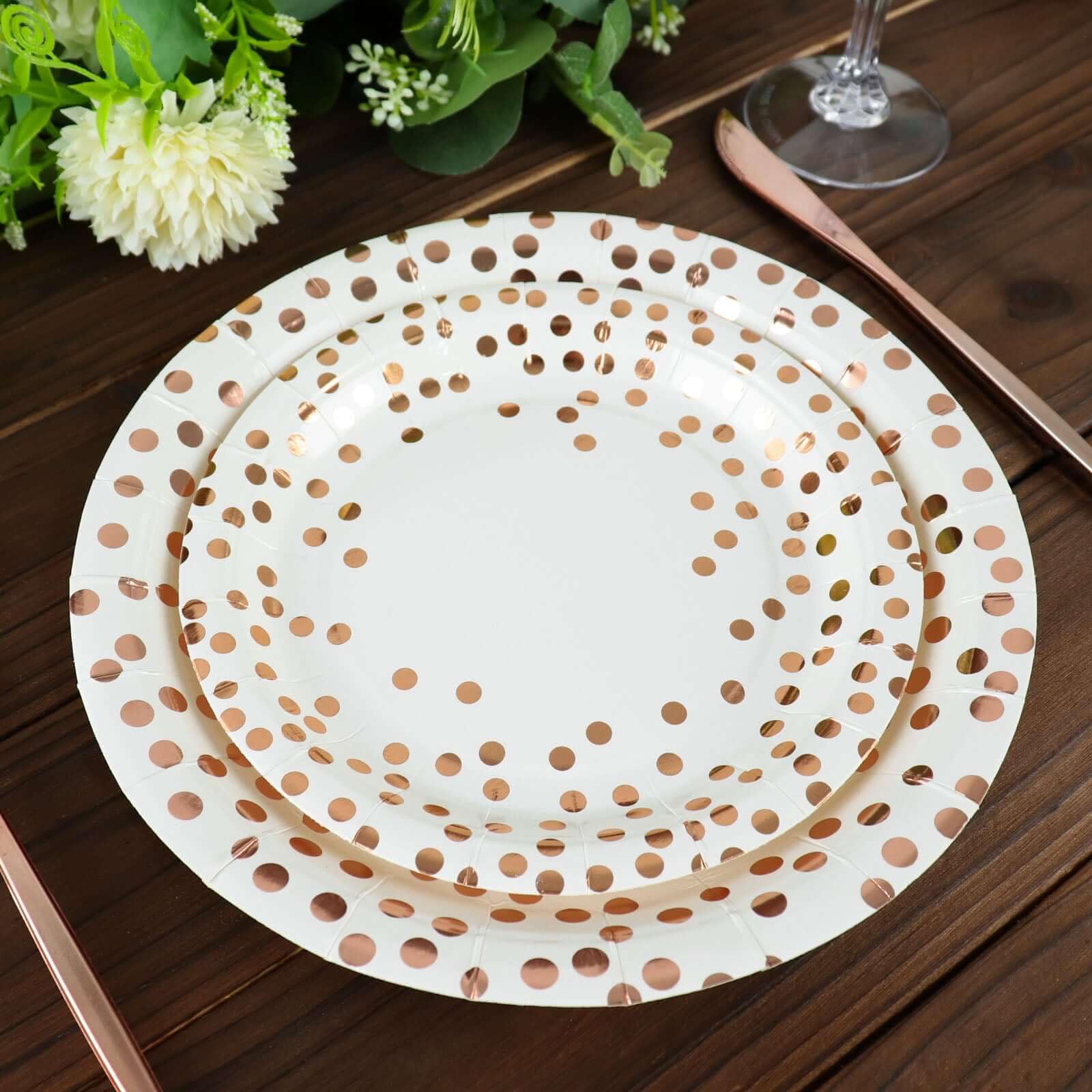 Efavormart 25 Pack 9 Inch White Metallic Rose Gold Polka Dot Disposable Dinner Plates - 300 GSM Heavy Duty Paper Plates for Wedding, Birthday Party & Holiday Celebrations