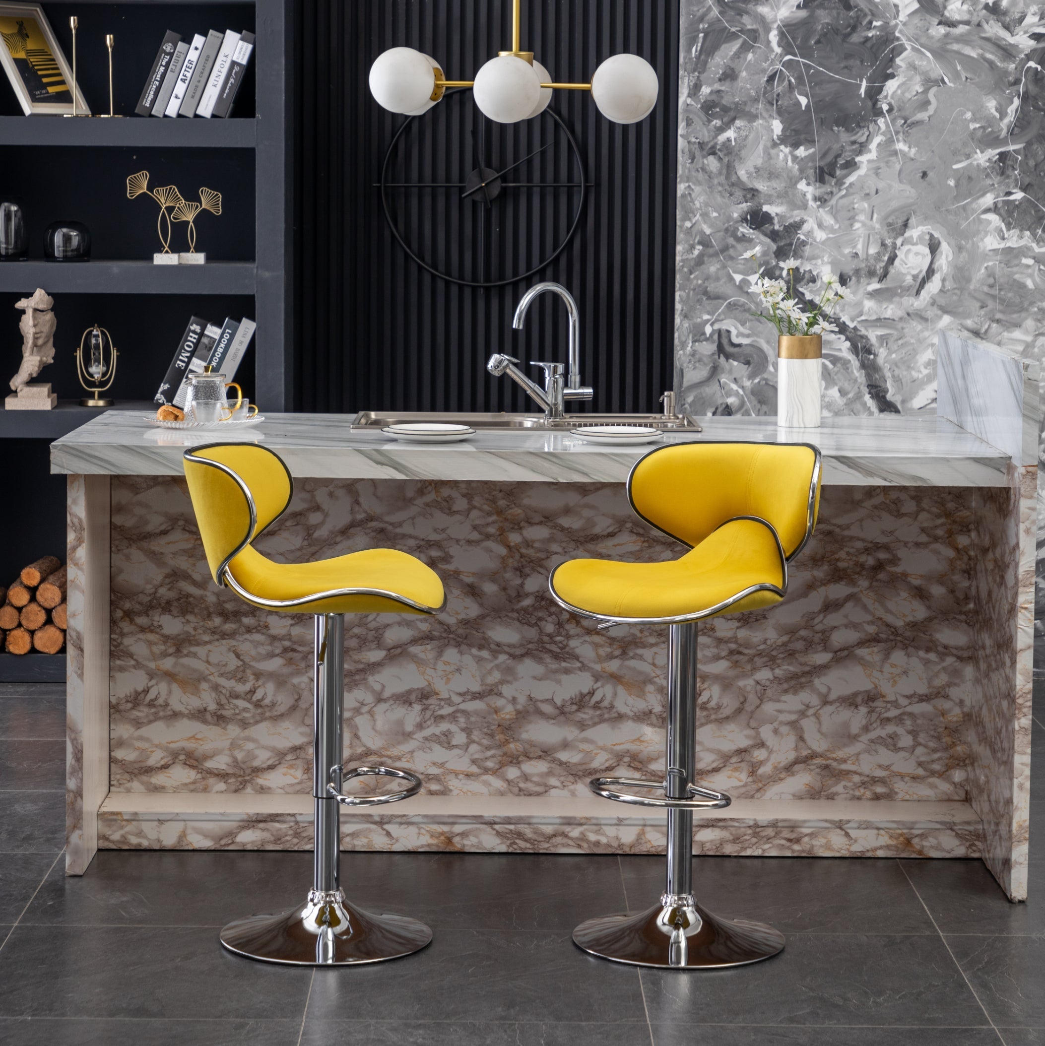 Roundhill Furniture Masaccio Velvet Upholstered Adjustable Swivel Bar Stool - Set of 2, Yellow - Perfect for Kitchen Islands, Home Bars & Breakfast Nooks