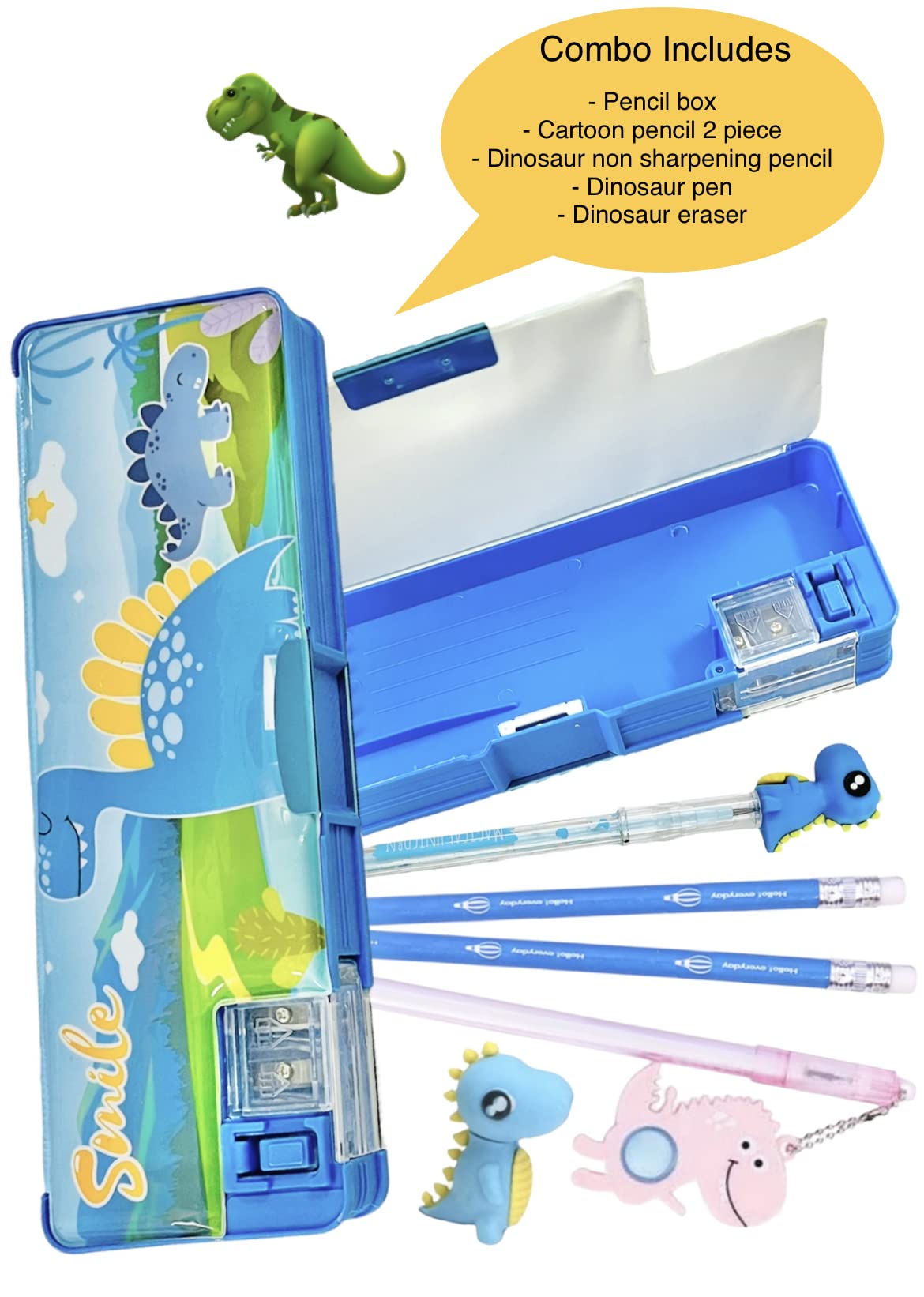 LE DELITE Dinosaur Pencil Box - Double Side Opening Magnetic Stationery Case with Cartoon Dinosaur Theme, Jurassic Park Jungle Design - School Supply Organizer for Kids, Boys & Girls (Includes Pencils, Pen & Eraser) - Perfect for Classroom, Homework & Back to School Supplies