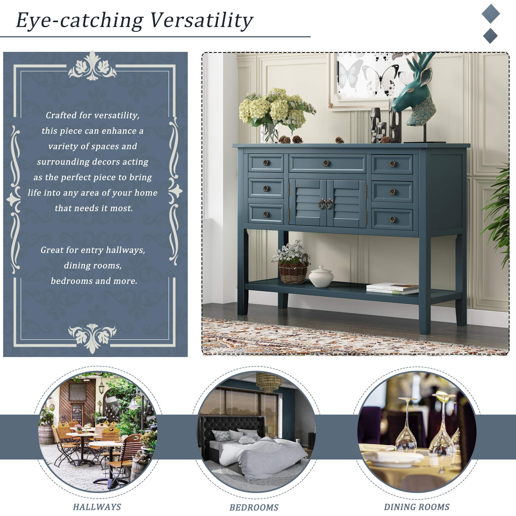 Amposei 45 Inch Modern Wooden Buffet Table with 7 Drawers & Open Shelf - Entryway Console Table, Sofa Table, Sideboard Storage Cabinet for Living Room, Kitchen, Bedroom, Hallway (Blue) | Perfect for Home Decor, Dining Room Storage & Small Space Organization