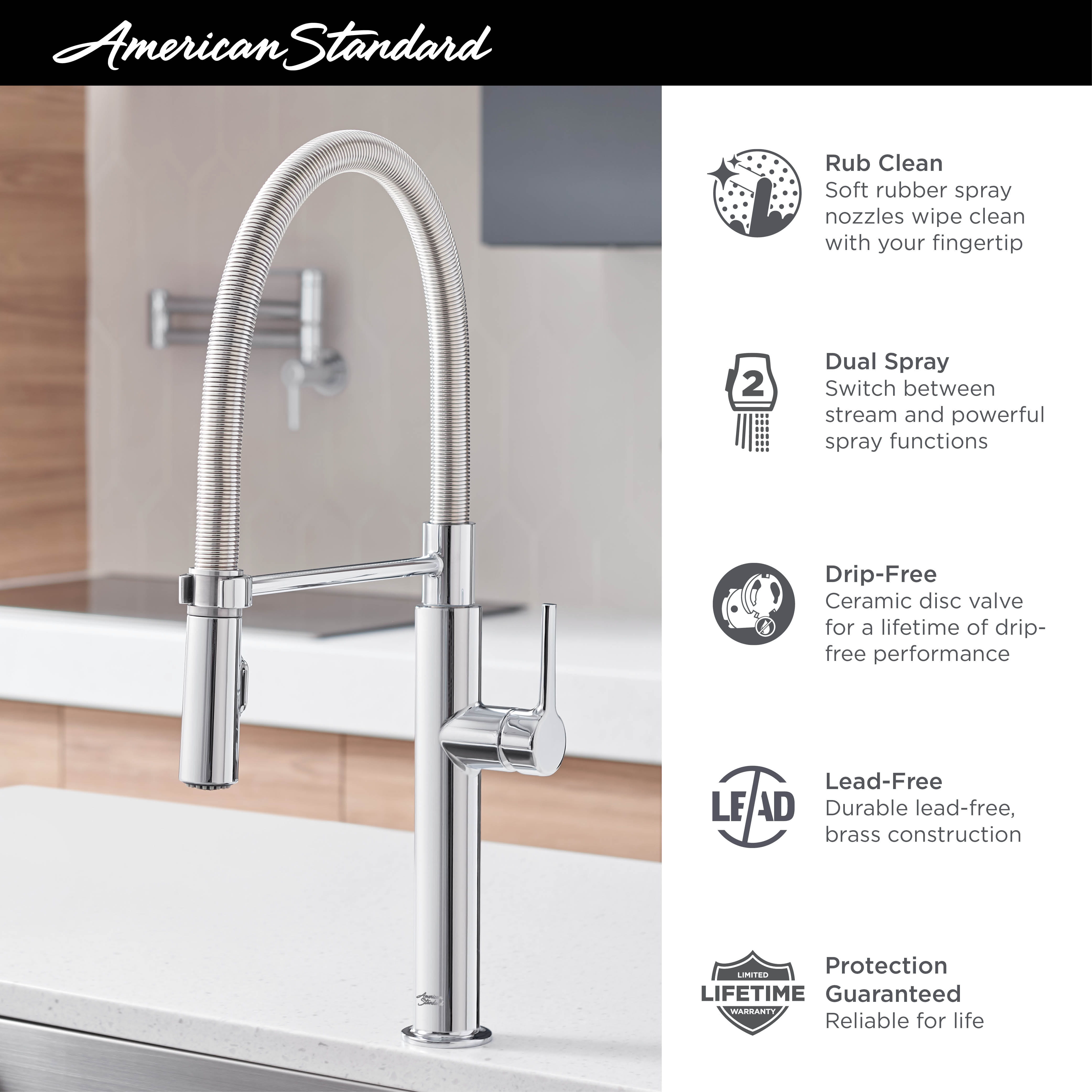 American Standard Studio S Semi-Pro Pull Down Dual Spray Kitchen Faucet with Spring Spout - Perfect for Modern Kitchens, Restaurants & Food Prep Areas