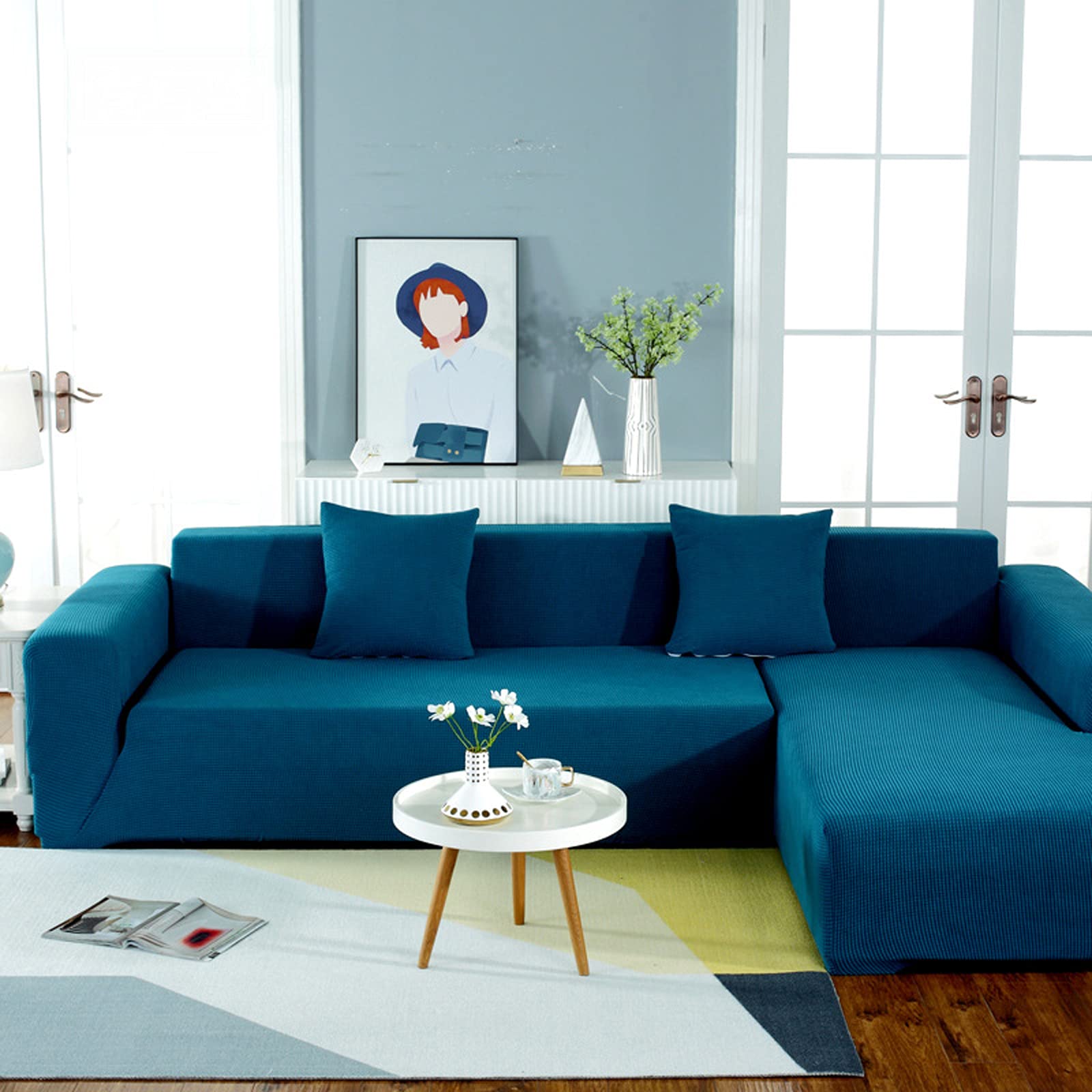 Stretch Sofa Slipcover - Durable Elastic Couch Cover for 2, 3 & 4 Seater Sofas - Anti-Slip Furniture Protector - Soft Thick Fabric for Kids, Dogs & Cats - Medium & Large Size - Blue - Perfect for Living Room, Family Room & Pet-Friendly Homes
