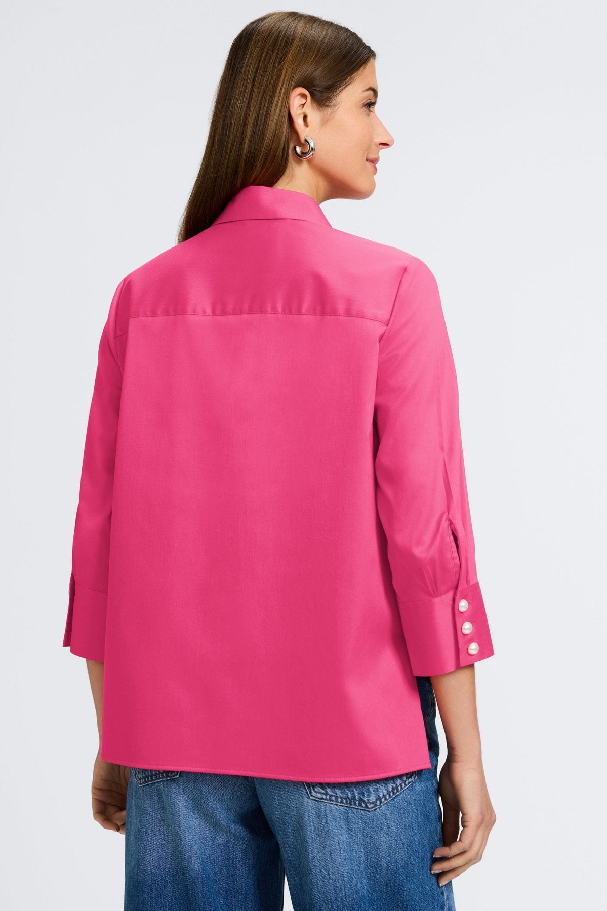 Pearl No Iron Stretch Matte Sateen 3/4 Sleeve Shirt for Women - Wrinkle-Free Comfort Blouse for Office & Business Casual Wear