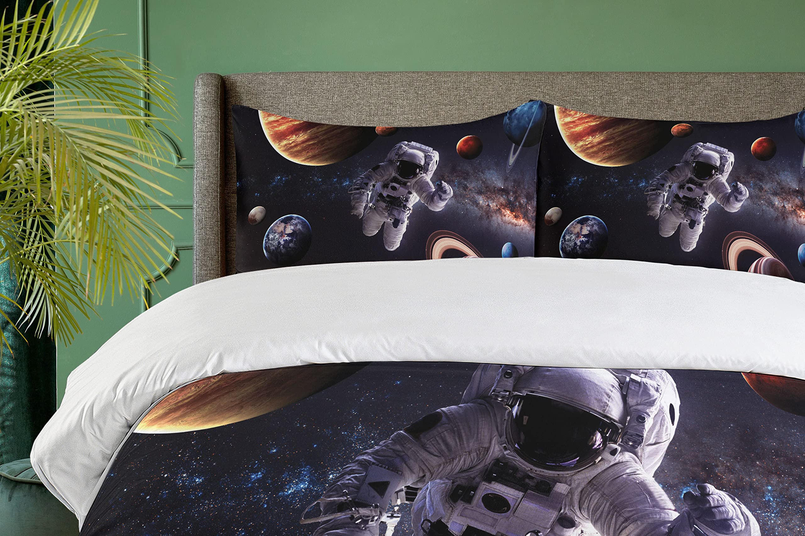Ambesonne Outer Space Duvet Cover Set - Astronaut & Planets Design (Mars, Neptune, Jupiter) - 3 Piece Bedding Set with 2 Pillow Shams - California King Size - Dark Blue - Perfect for Sci-Fi Themed Bedrooms & Space Enthusiasts
