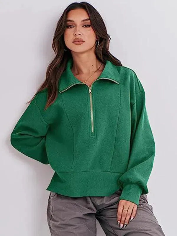 Women's Loose Zipper Neck Sweatshirt - Casual Pullover Hoodie for Everyday Wear, Gym, and Outdoor Activities
