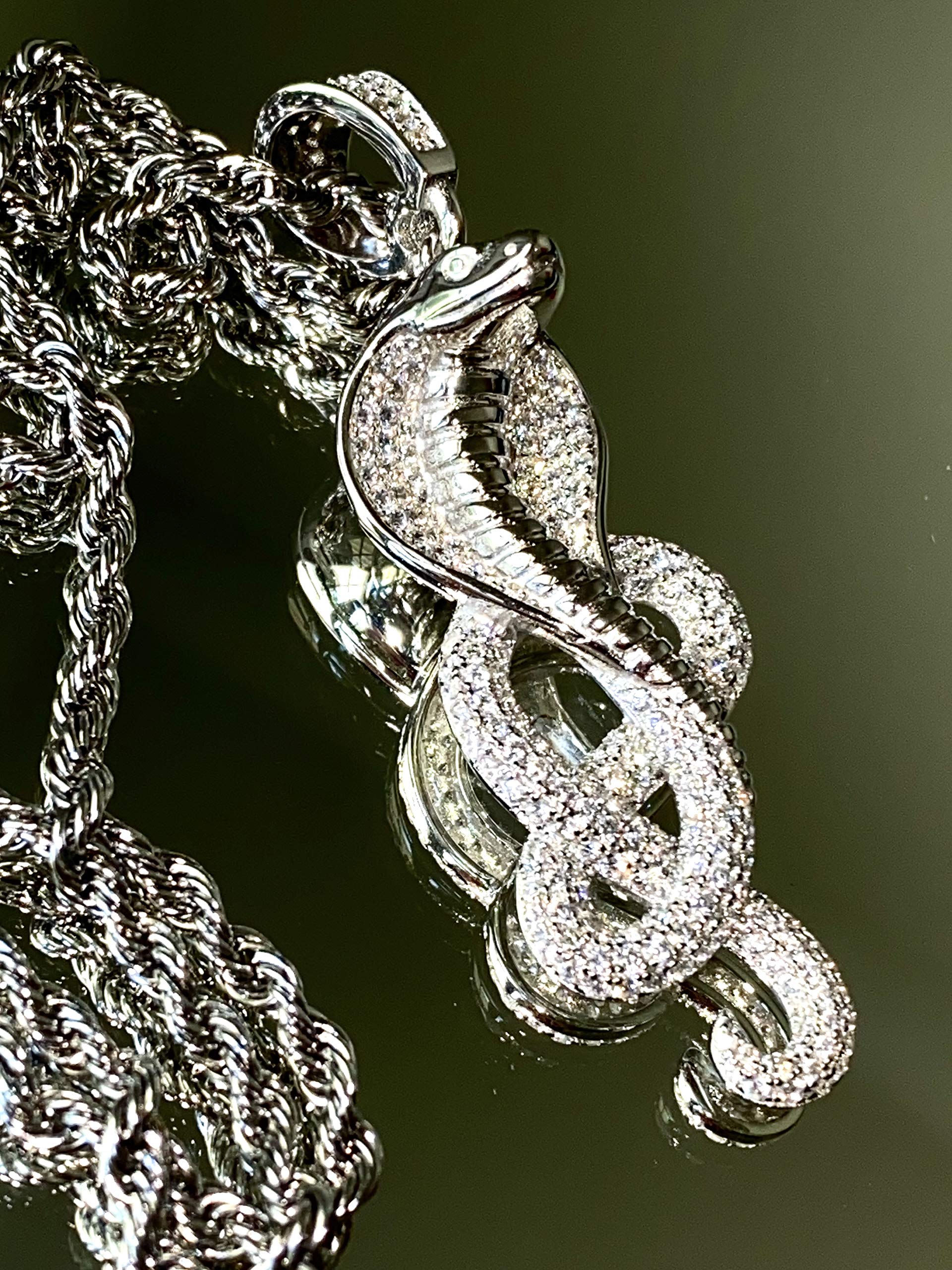 925 Sterling Silver Cobra Snake Pendant Necklace for Men & Women - Iced Out Stainless Steel Chain 16
