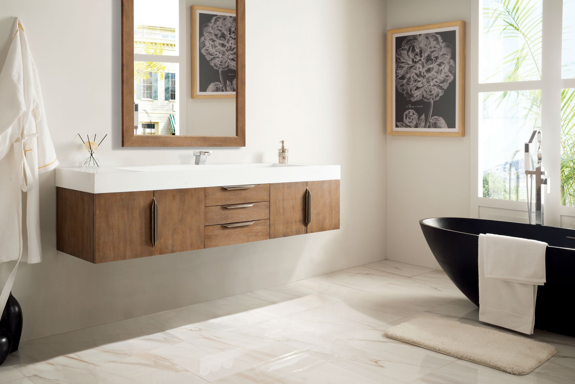 72 Inch Mercer Island Single Bathroom Vanity in Latte Oak with Glossy White Composite Top - Perfect for Modern Master Bathrooms & Powder Rooms