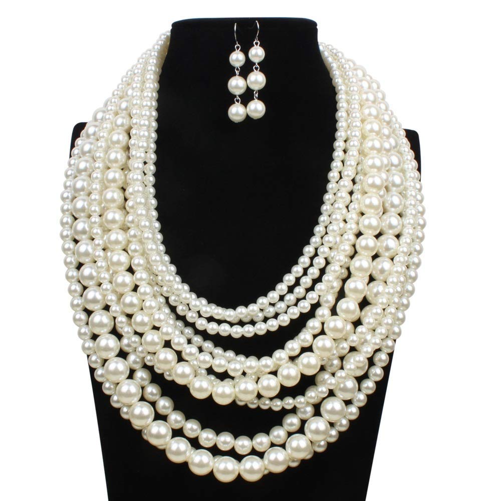Elegant Pearl Jewelry Set for Women - Faux Pearl Necklace & Earrings Set, Multi-Layer Strand Costume Jewelry for Funeral, Wedding & Special Occasions (White, Free Size) - Perfect for Memorial Services, Bridal Accessories & Evening Events