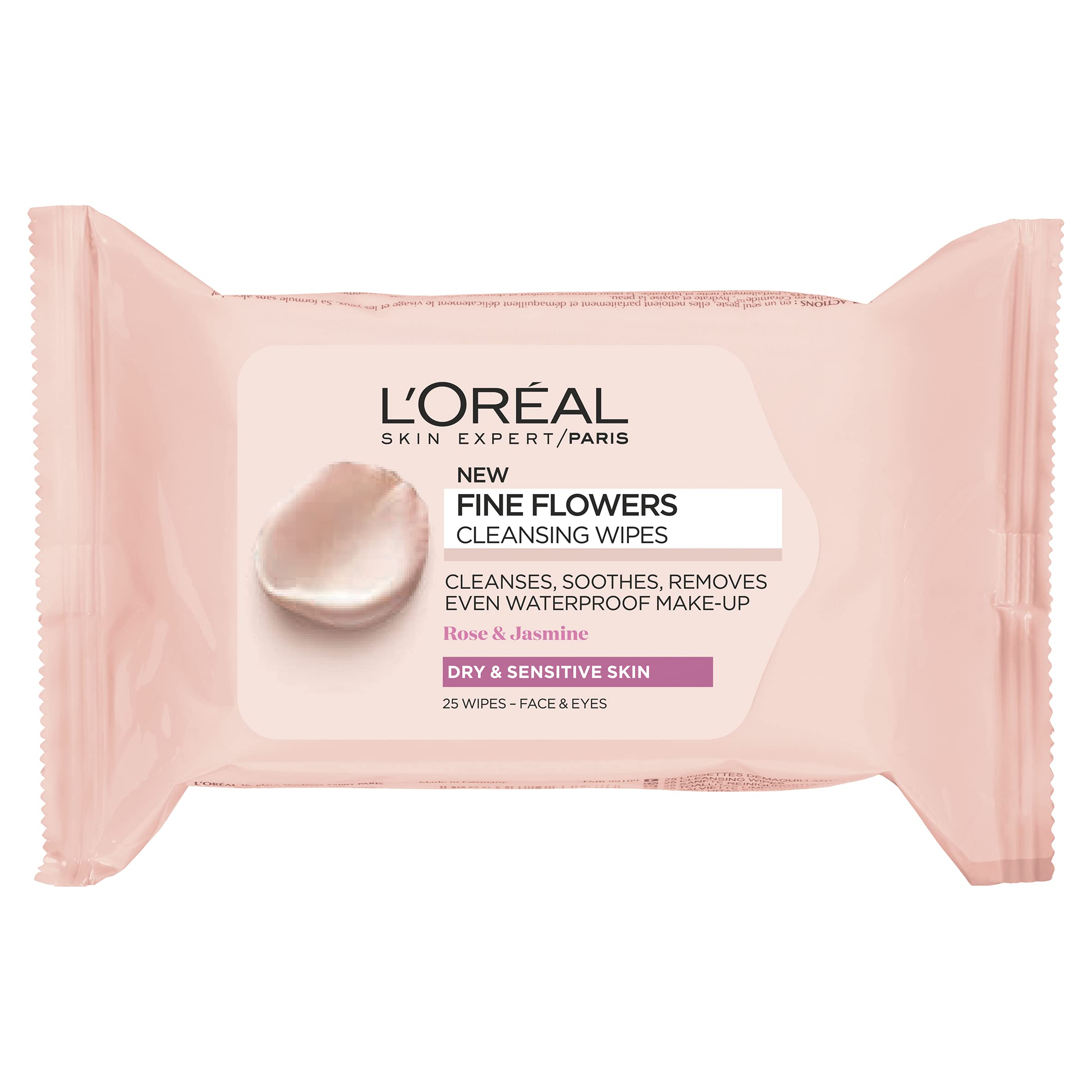 L'Oreal Paris Fine Flowers Cleansing Wipes for Dry & Sensitive Skin - 25 Count | Gentle Makeup Remover & Daily Face Cleanser | Perfect for Travel, Gym & On-The-Go Skincare