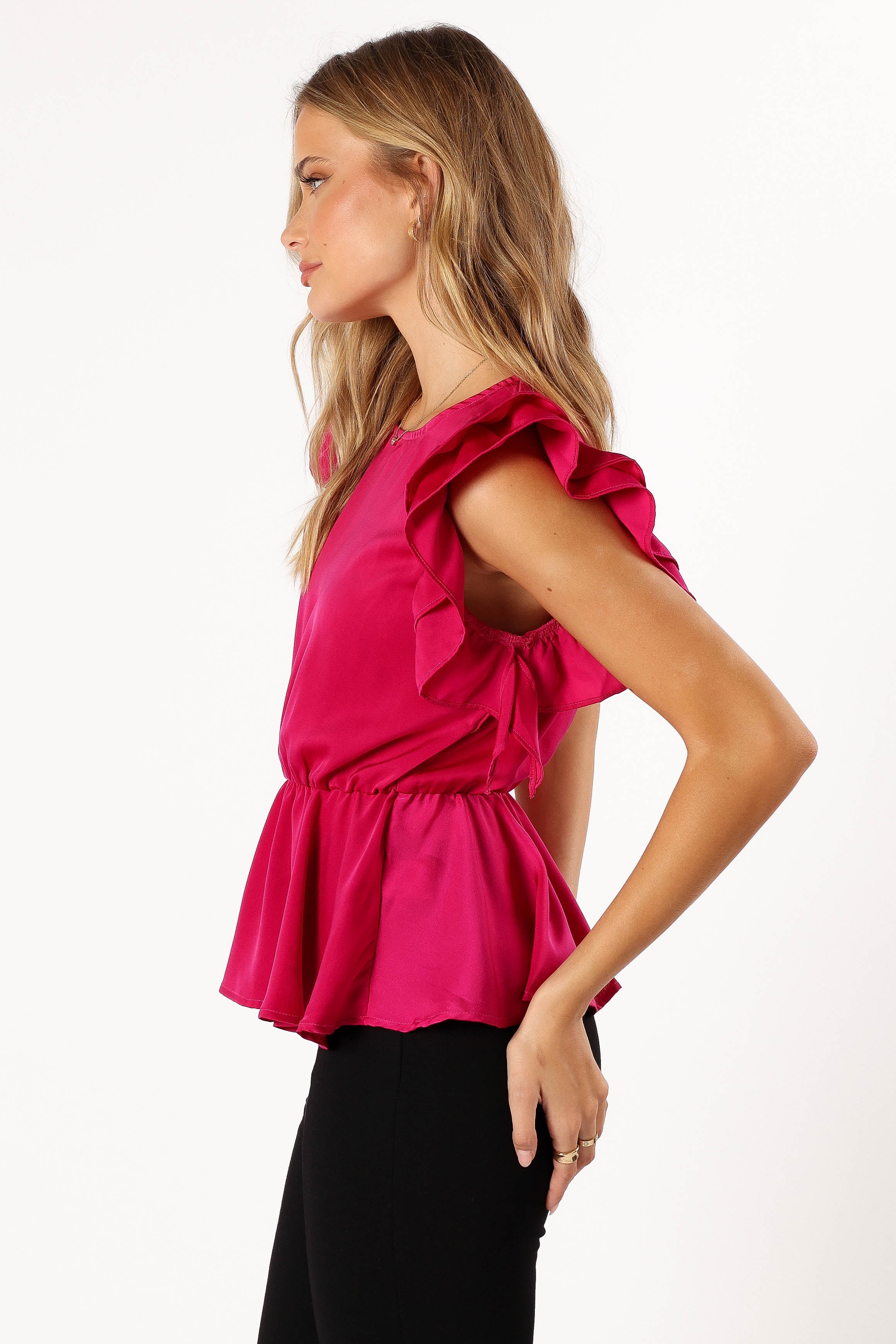 Amelia Ruffle Top Women's Blouse - Fuchsia Pink Floral Print Summer Casual Shirt for Date Night & Office Wear