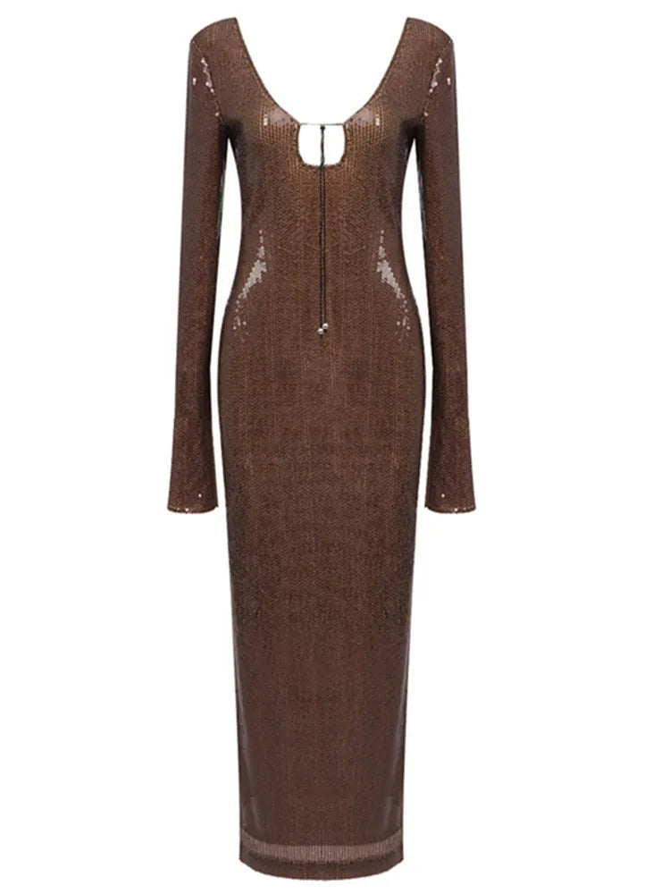 Elegant Long Sleeve Sequin Mesh Evening Gown for Women - Sexy Brown Party Dress for Celebrity Style, Club Wear & Formal Events