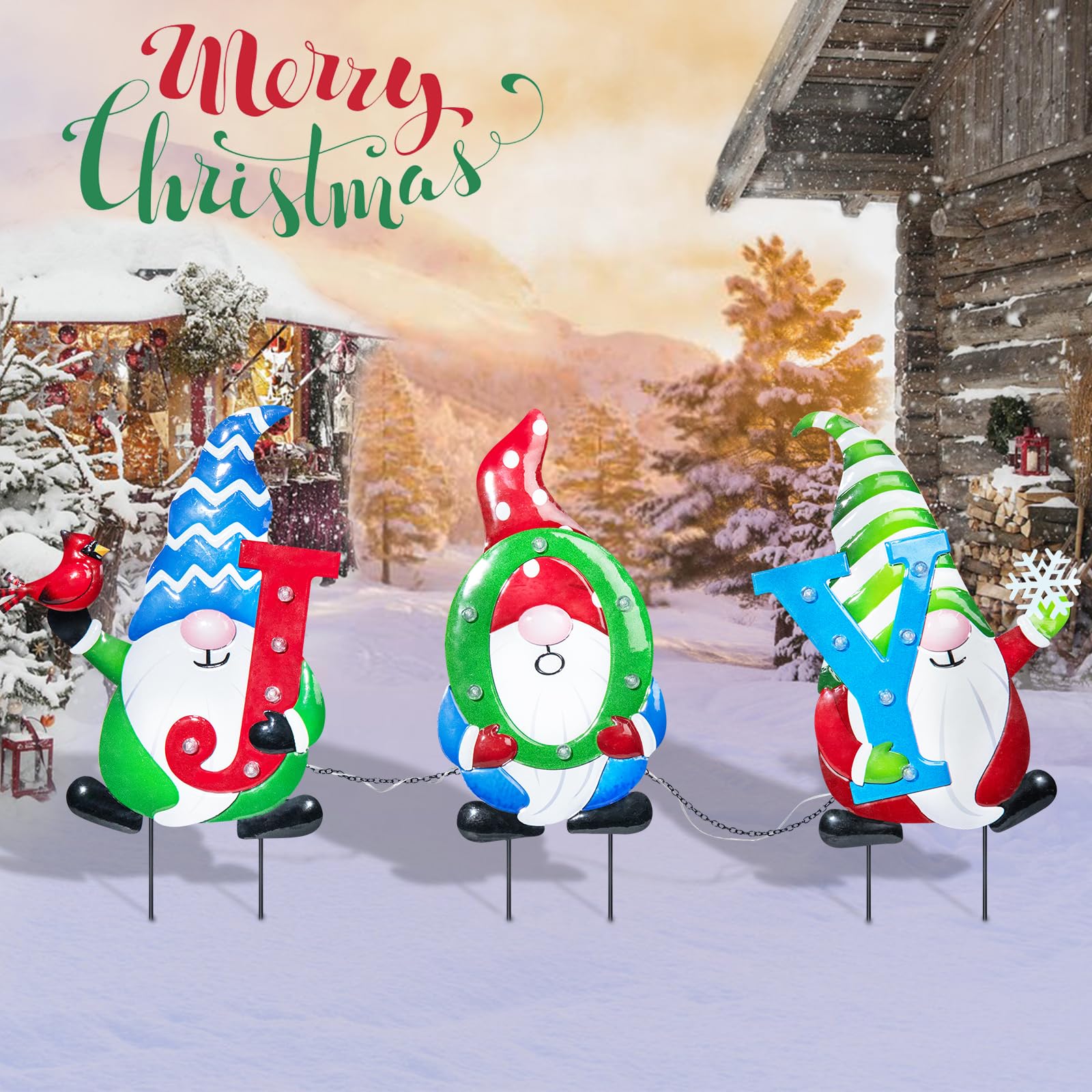 3 Pack Christmas Yard Stakes with Battery Powered Lights - Waterproof Outdoor Gnome Decorations for Lawn, Garden & Holiday Parties | Joyful Xmas Metal Signs for Home & Yard Decor