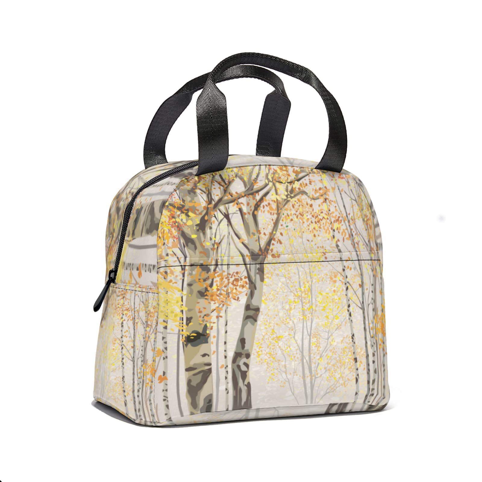 Eco-Friendly Insulated Lunch Tote Bag with Front Pocket - Birch Trees Autumn Design for Women & Men - Reusable Thermal Lunch Box for School, Office, Picnic & Outdoor Activities