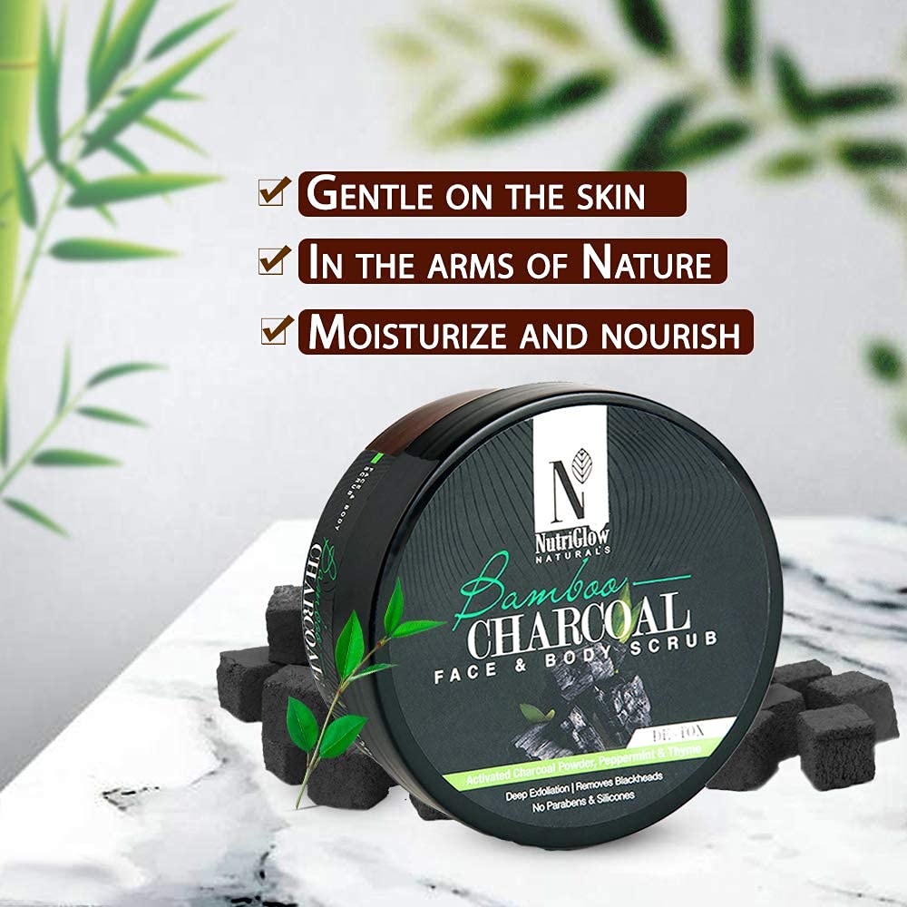 NutriGlow NATURAL'S Bamboo Charcoal Face & Body Scrub - Gentle Exfoliating & Nourishing for Blackheads, Acne & Dead Skin Removal | Sulfate-Free, 200g | Perfect for Daily Skincare & Spa Treatments