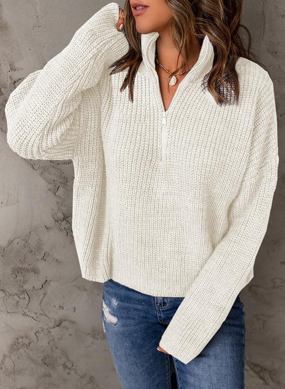 Dokotoo Women's Long Sleeve 1/4 Zip Pullover Sweater - V Neck Polo Style Casual & Dressy Top for Work, Office & Everyday Wear