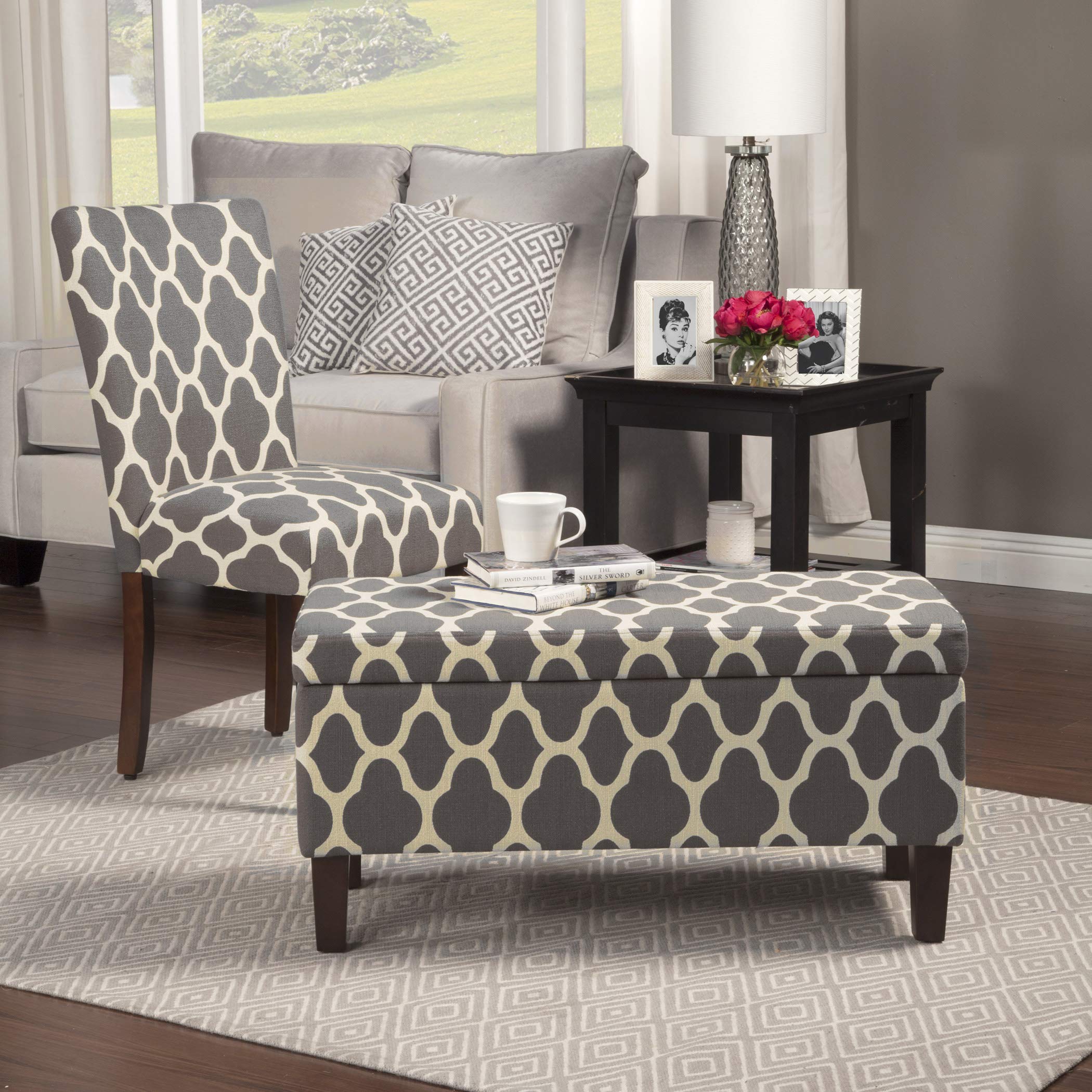 HomePop Parsons Classic Upholstered Dining Chairs Set of 2 - Grey and Cream Geometric Pattern Modern Accent Chairs for Dining Room, Kitchen, Office or Living Room Decor