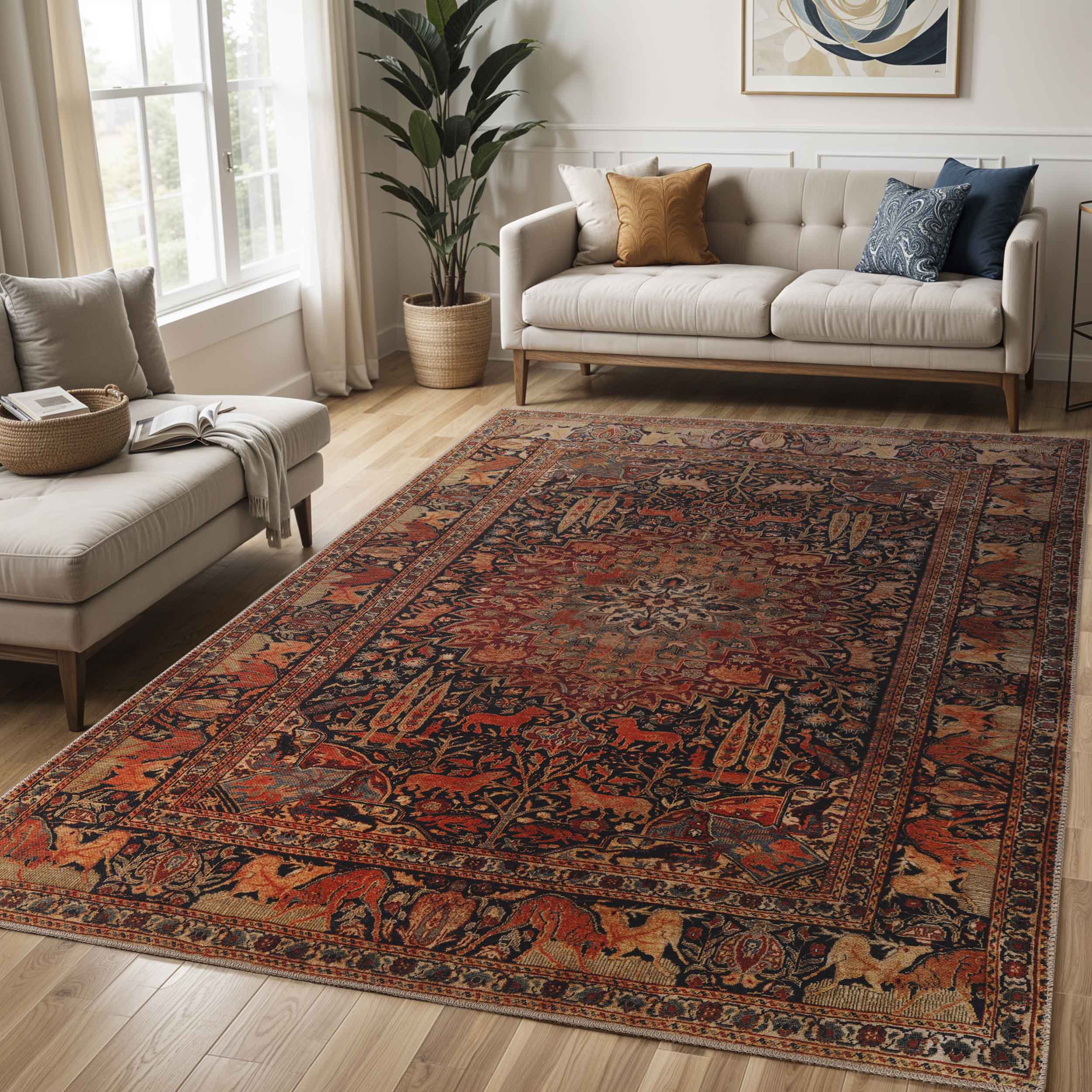 Bohemian Oriental Medallion Wildlife Indoor Area Rug or Runner - Non-Slip, Soft & Durable - Perfect for Living Room, Bedroom, or Hallway Decor