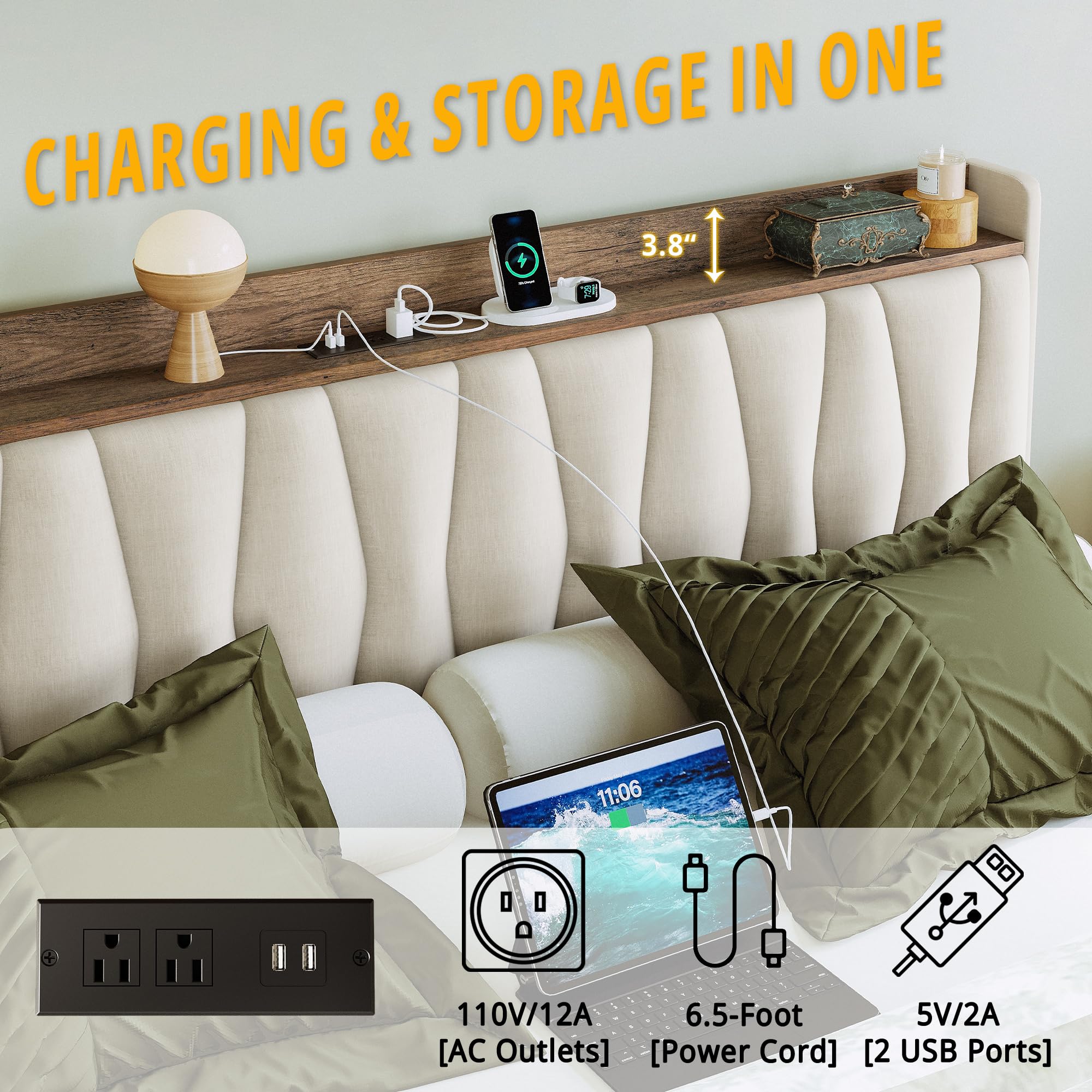 ANCTOR Full Size Bed Frame with 3 Drawers & Upholstered Storage Headboard - No Box Spring Needed Platform Bed with USB Charging Station, Easy Assembly, Beige - Perfect for Small Bedrooms, Guest Rooms & Dormitories