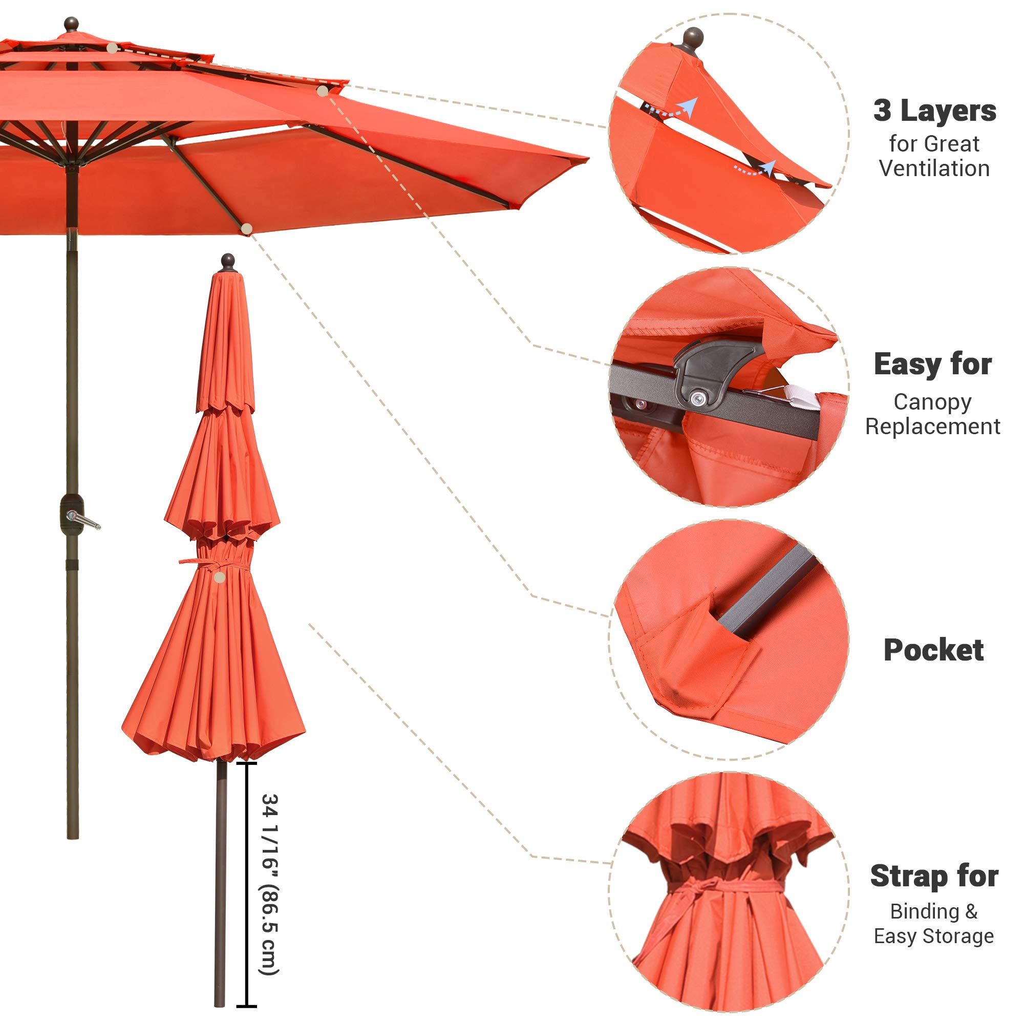 Yescom 11 Ft 3 Tier Outdoor Patio Umbrella with Crank & Tilt Mechanism - Waterproof Protective Cover Included for Hotels, Resorts, Backyard, Poolside & Beach Use