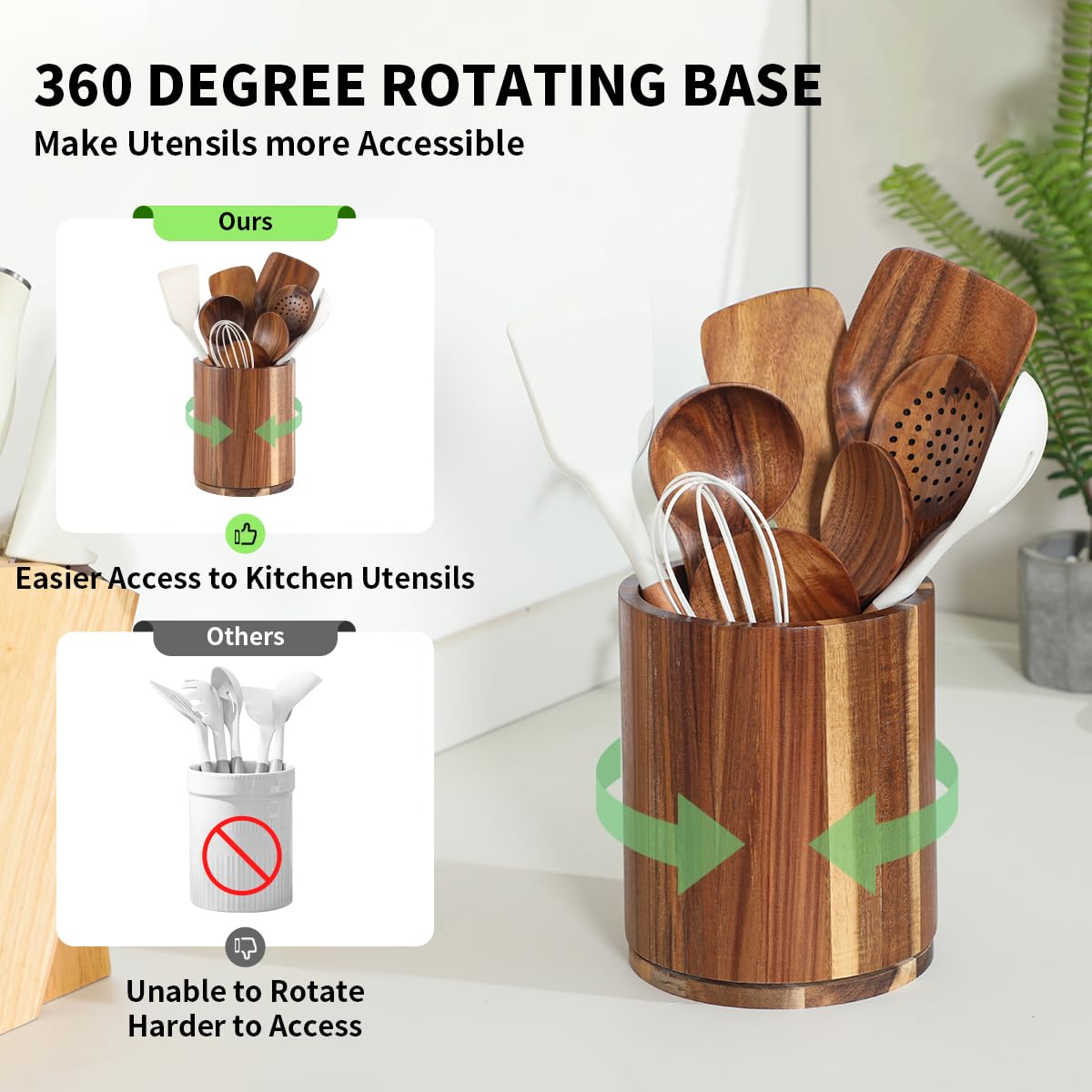 360° Rotating Acacia Wood Utensil Holder - 7.3