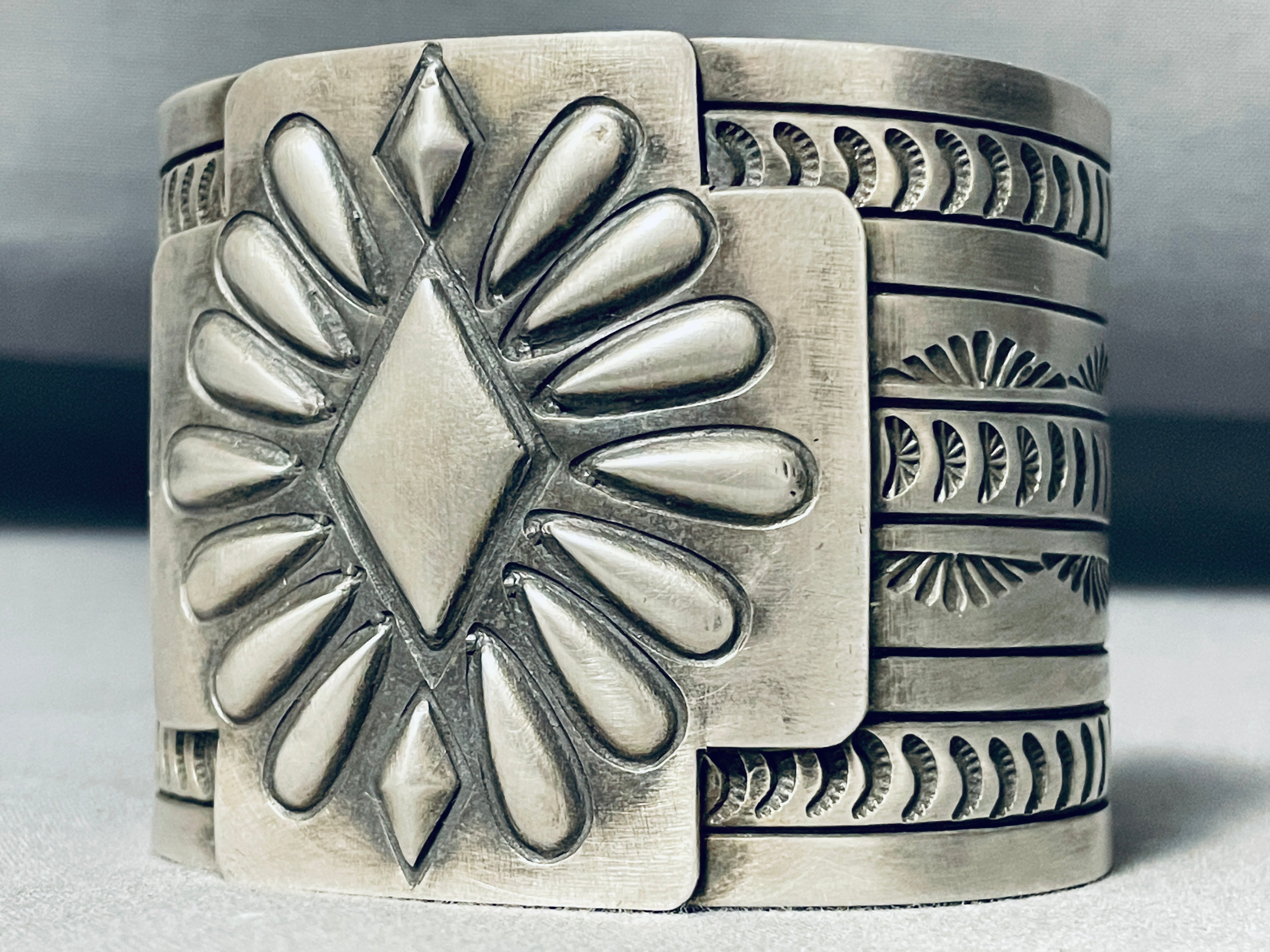 137 Grams Concho Shield Native American Navajo Sterling Silver Repoussed Bracelet - Handmade Southwest Jewelry for Women, Gift for Her, Boho Chic Accessory for Festivals & Special Occasions