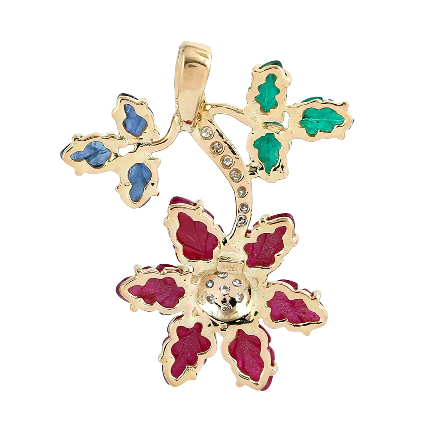 Exquisite Carved Ruby, Emerald & Blue Sapphire Pendant with Diamond Accents in 14K Yellow Gold - Elegant Jewelry Gift for Women, Perfect for Weddings & Special Occasions