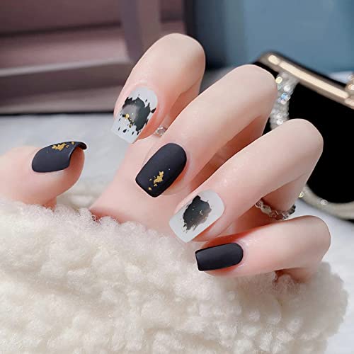 24pcs Black & White Foil False Nails with Glue - Long Fashion Press On Nails for Manicure - Blooming Design Wearable Nail Patches for Parties, Weddings & Special Occasions