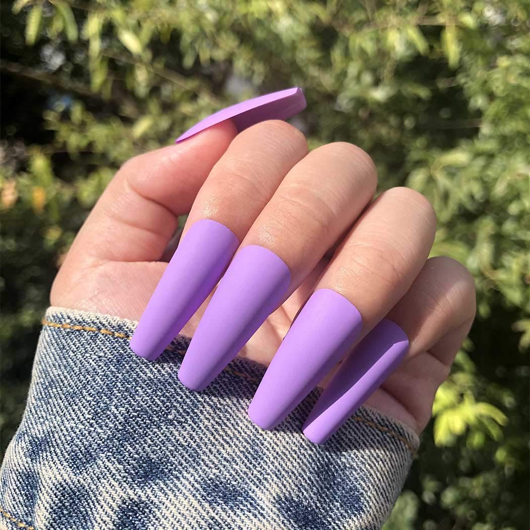 Long Press on Nails Coffin Purple Fake Nails - 24PCS Matte Ballerina Full Cover Artificial False Nails for Women & Girls - Perfect for Parties, Weddings, and Special Occasions