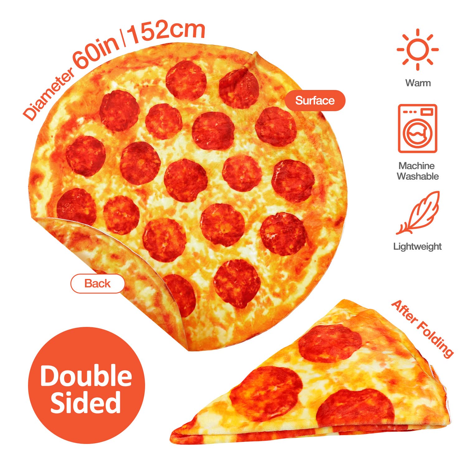 Hommtina Double-Sided Pizza Blanket - Giant 60-Inch Tortilla Blanket for Adults, Teens & Kids | Funny & Realistic Food-Themed Gift for Parties, Movie Nights & Cozy Home Use