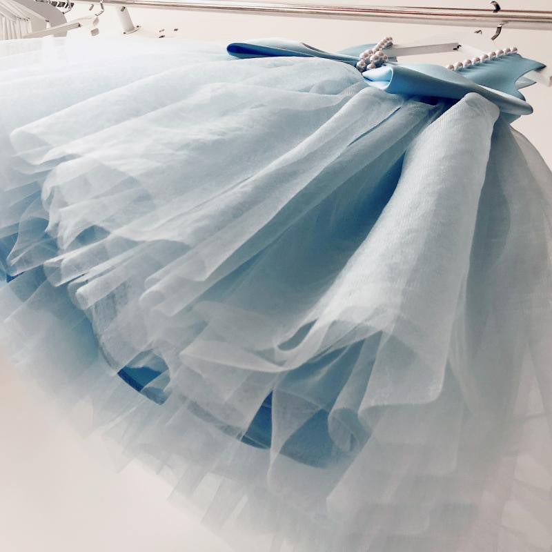 **Baby Girl Summer Pageant Princess Dress - Blue Bow Puffy Sleeve Party Gown for Birthday, Photo Shoot & Special Occasions**