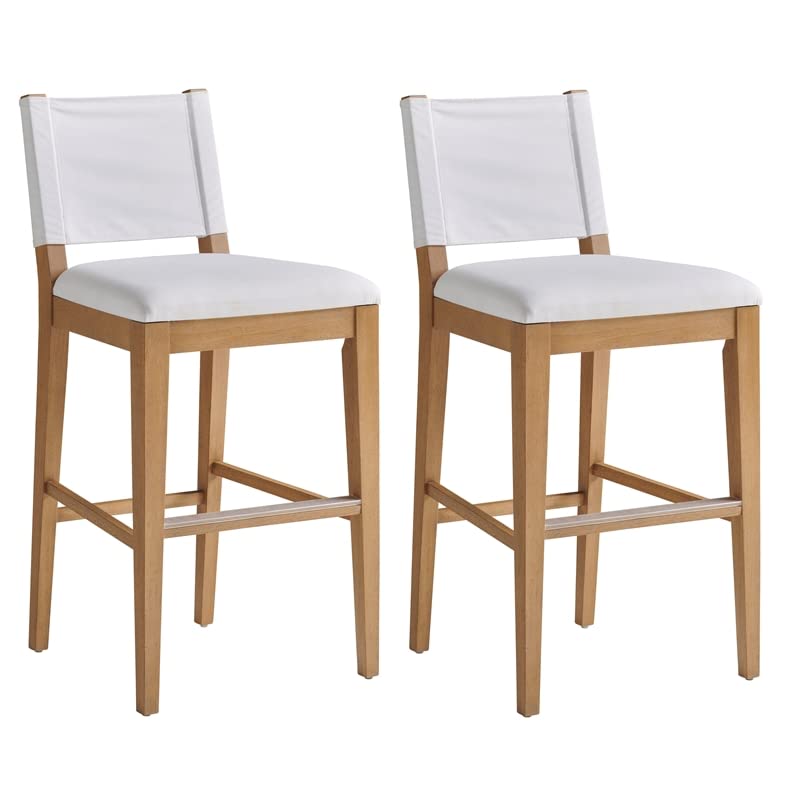 Universal Wood Bar Stools Set of 2 - White Canvas Upholstered Counter Height Stools for Kitchen Island, Breakfast Bar & Home Decor