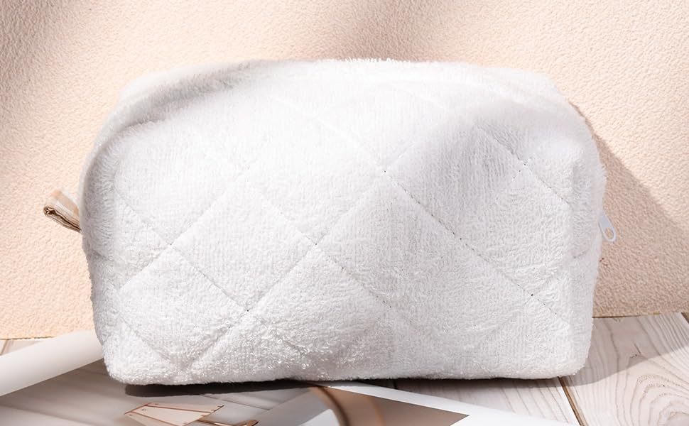 Terry Quilted Cosmetic Bag | Puffy Coquette Makeup Pouch | Aesthetic Cotton White Travel Toiletry Organizer | Makeup Brushes Storage Bag for Women | Perfect for Travel, Gym & Daily Beauty Essentials