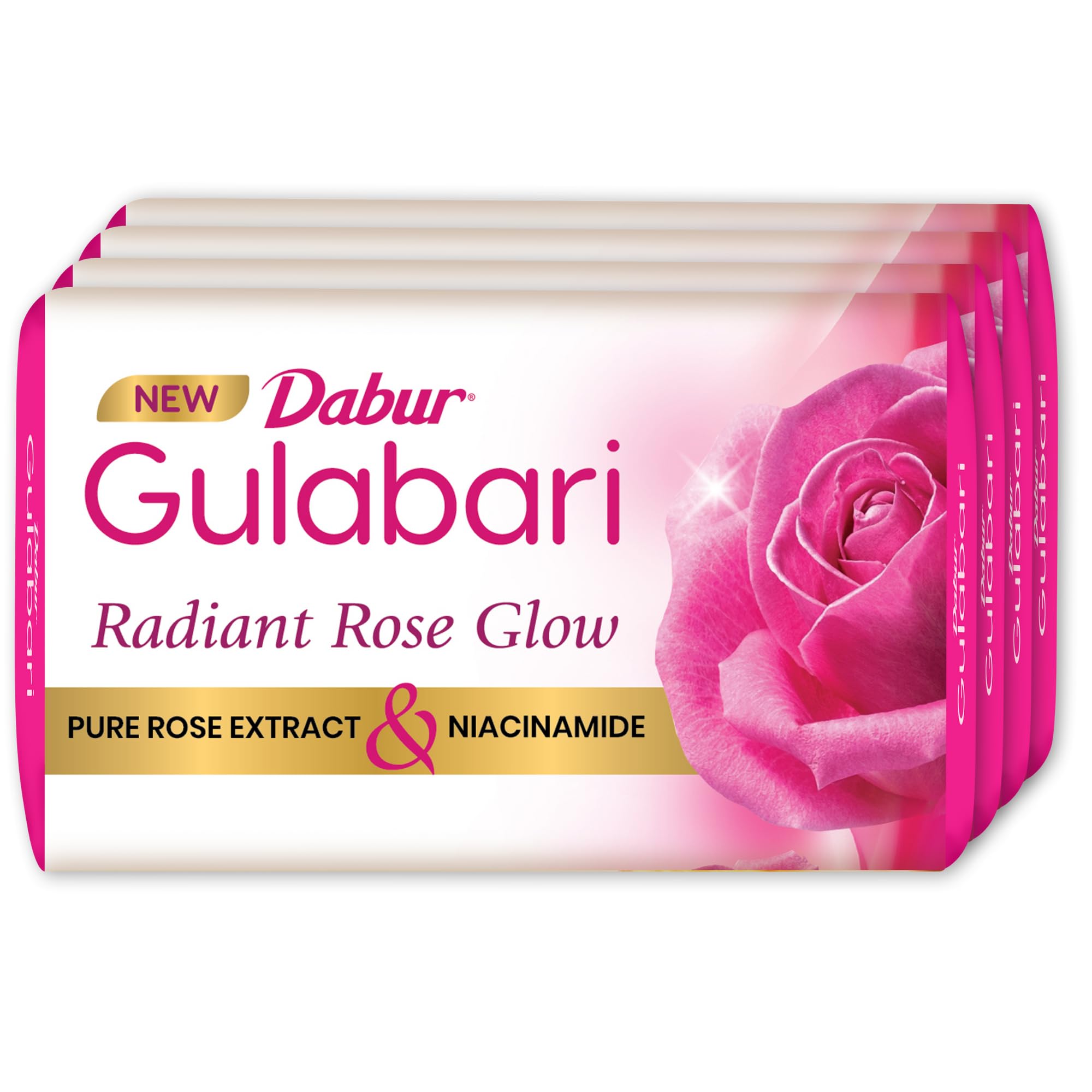 Dabur Gulabari Pure Rose Soap 150g (Pack of 4) - Moisturizing Bath Bar with Rose Extract, Glycerin & Niacinamide for Glowing Skin - Long Lasting Floral Fragrance - Unisex Body Wash Soap for Daily Shower & Spa Relaxation