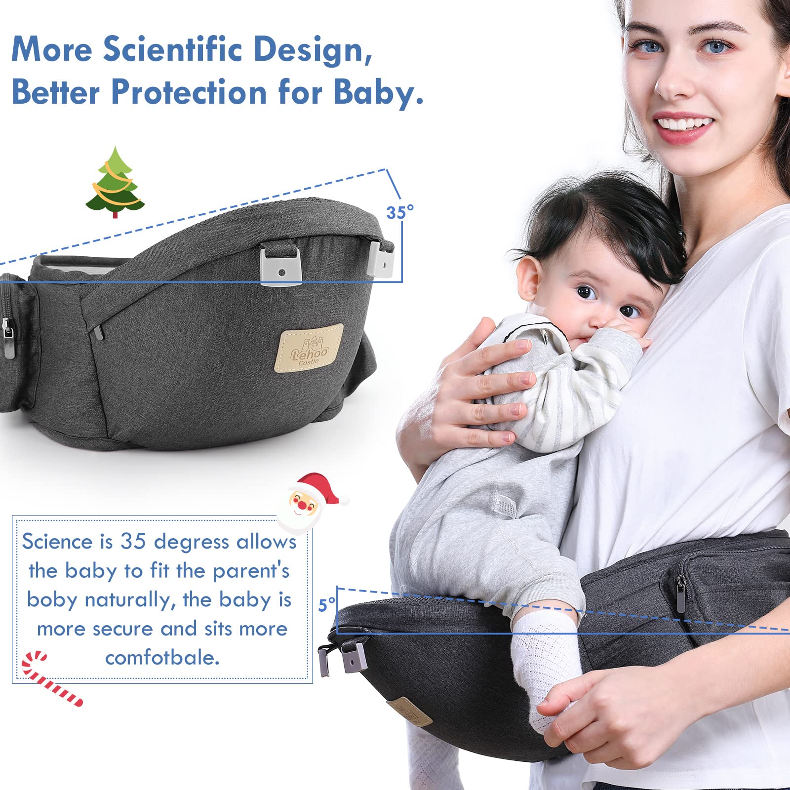 Lehoo Upgraded Baby Carrier with Detachable Hip Seat & Saliva Towel - Ergonomic Support for Newborn to Toddler (Grey) | Perfect for Hands-Free Parenting, Shopping & Outdoor Adventures