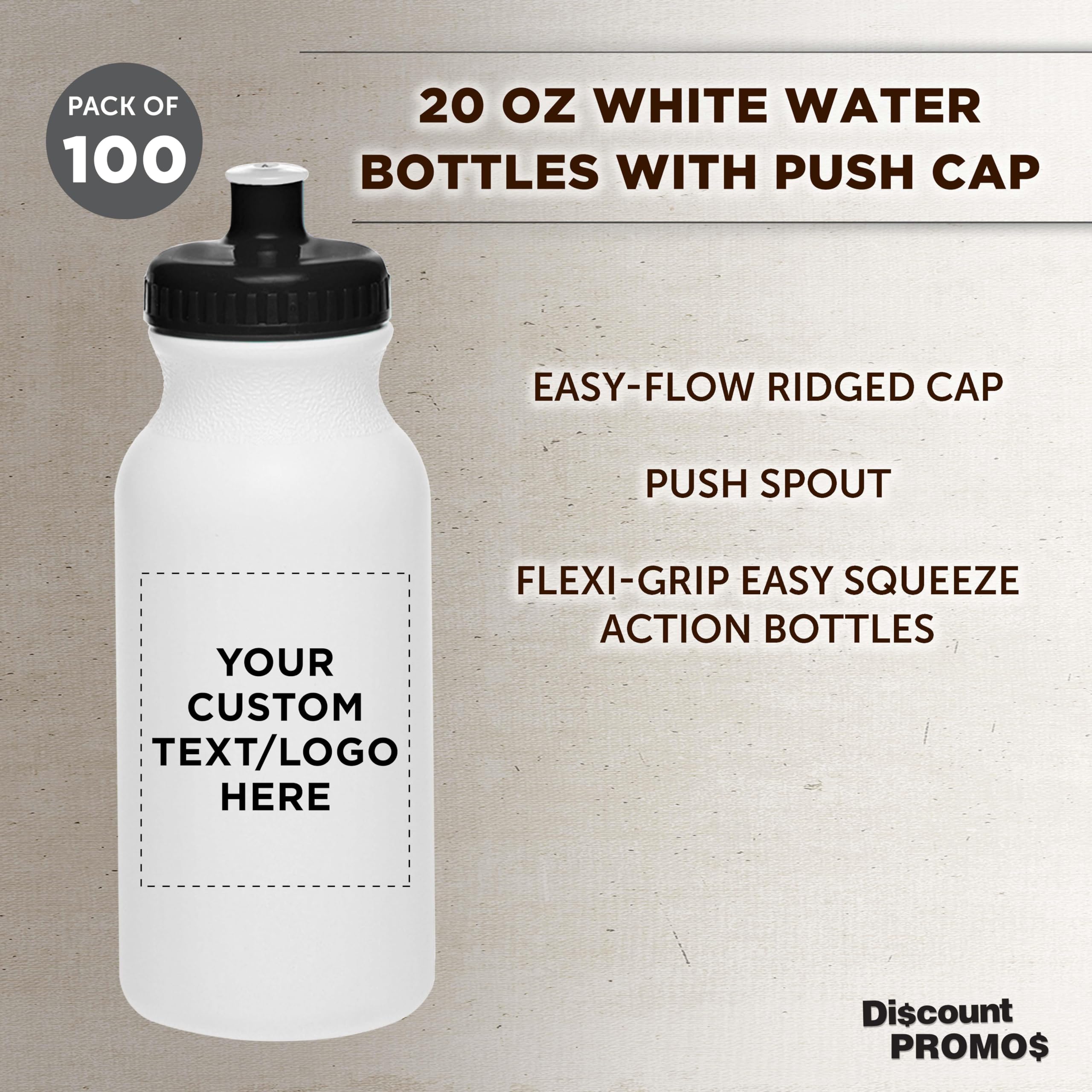 Custom White Water Bottles with Push Cap - 100 Pack, Personalized Text & Logo, 20 oz BPA-Free Reusable Squeezable Bottles in Bulk (White/Black) - Perfect for Promotions, Corporate Gifts & Sports Events