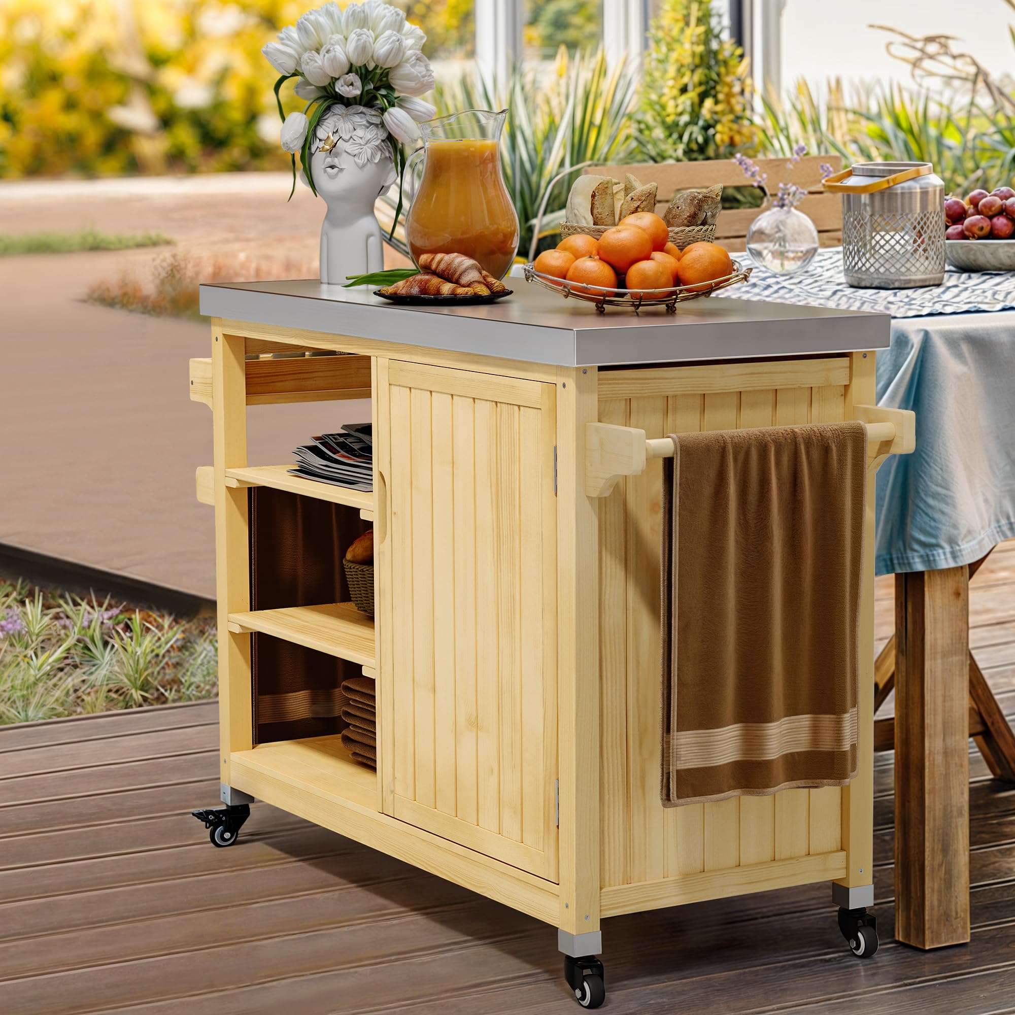 YITAHOME XL Solid Wood Outdoor Grill Cart with Stainless Steel Table Top & Spice Rack - 53.74